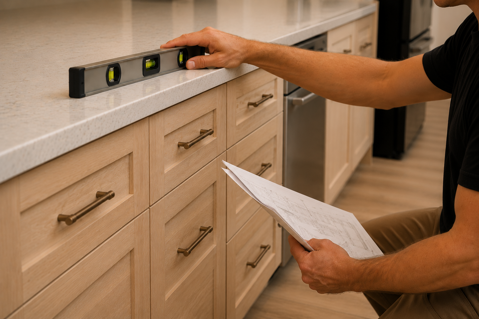 Person using a spirit level on a kitchen countertop while holding a set of blueprints.