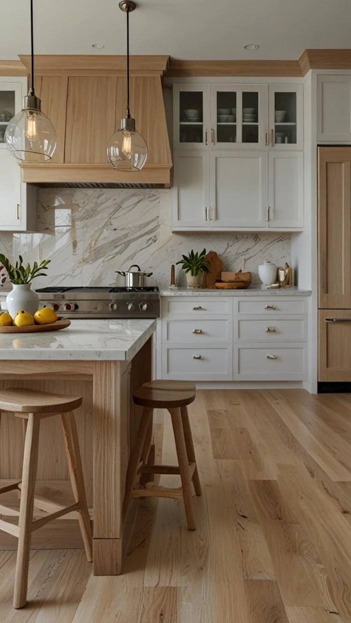 Modern kitchen with white cabinetry, marble backsplash, wooden accents, pendant lights, and a kitchen island with lemons and plants.