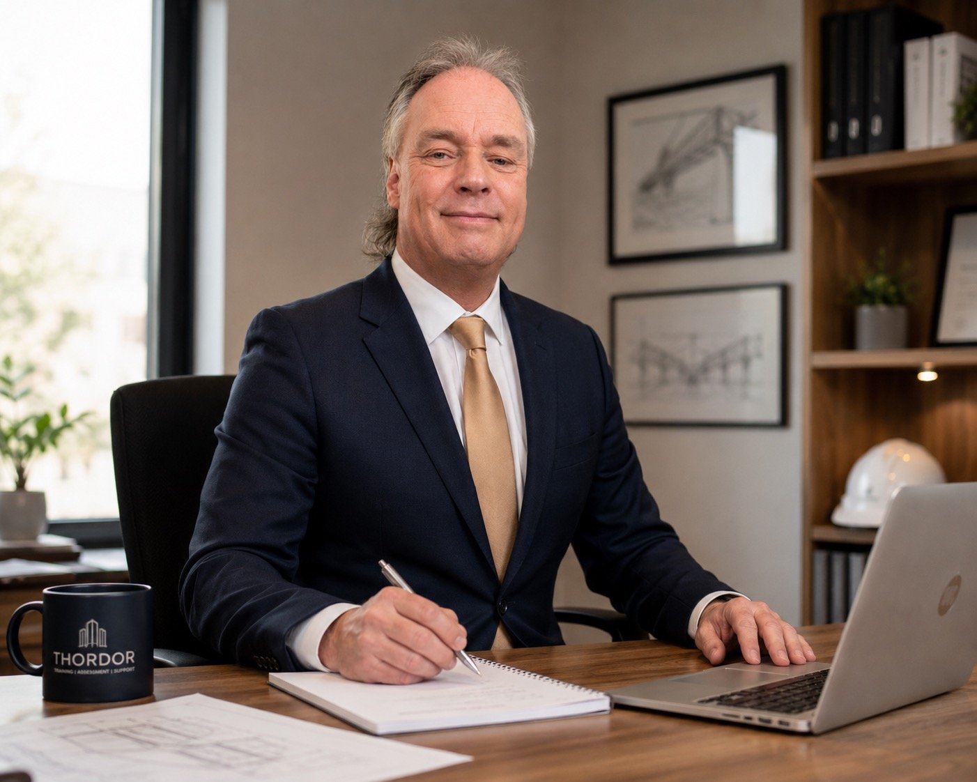 A middle-aged man in a dark business suit and gold tie sitting at a desk in an office, smiling and holding a pen with a notebook, a laptop, and a black mug with the logo 'Thordor' on the desk.