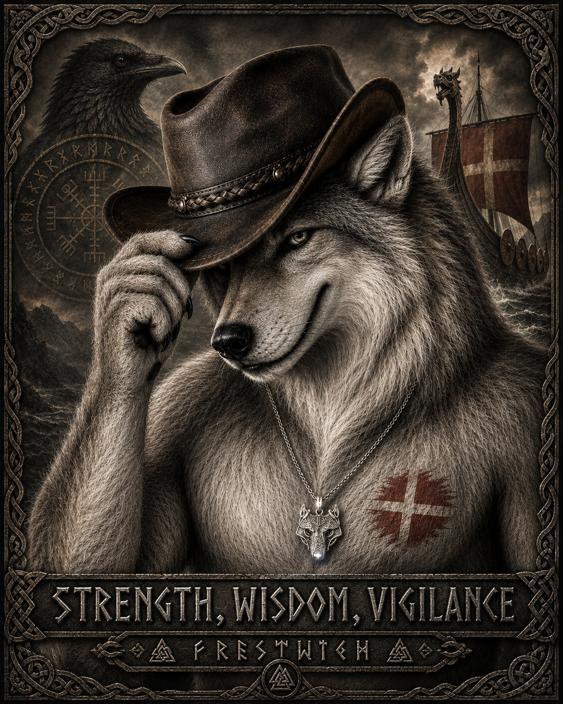 A wolf wearing a cowboy hat, a medallion with a wolf's head, and a red cross tattoo on its shoulder, with a Viking ship in the background and an eagle symbol.