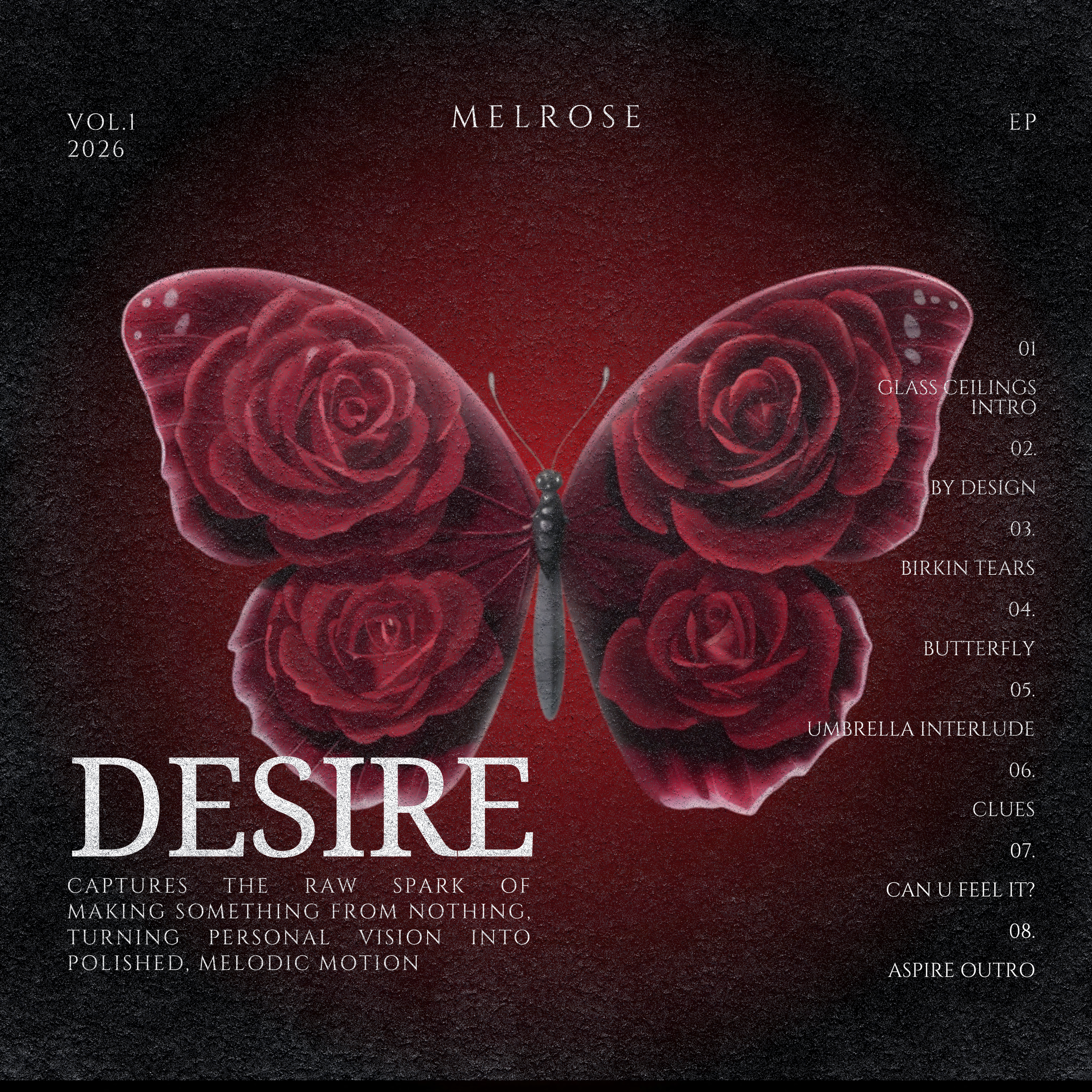 A dark textured background with a stylized pink butterfly with rose-like designs on its wings. The top of the image contains various textual elements, including 'VOL.1 2026', 'MELROSE EP', and a list of words such as 'GLASS CEILINGS', 'CLUES', 'BUTTERFLY', 'UMBRELLA INTERLUDE', and others, indicating themes or sections related to the content.