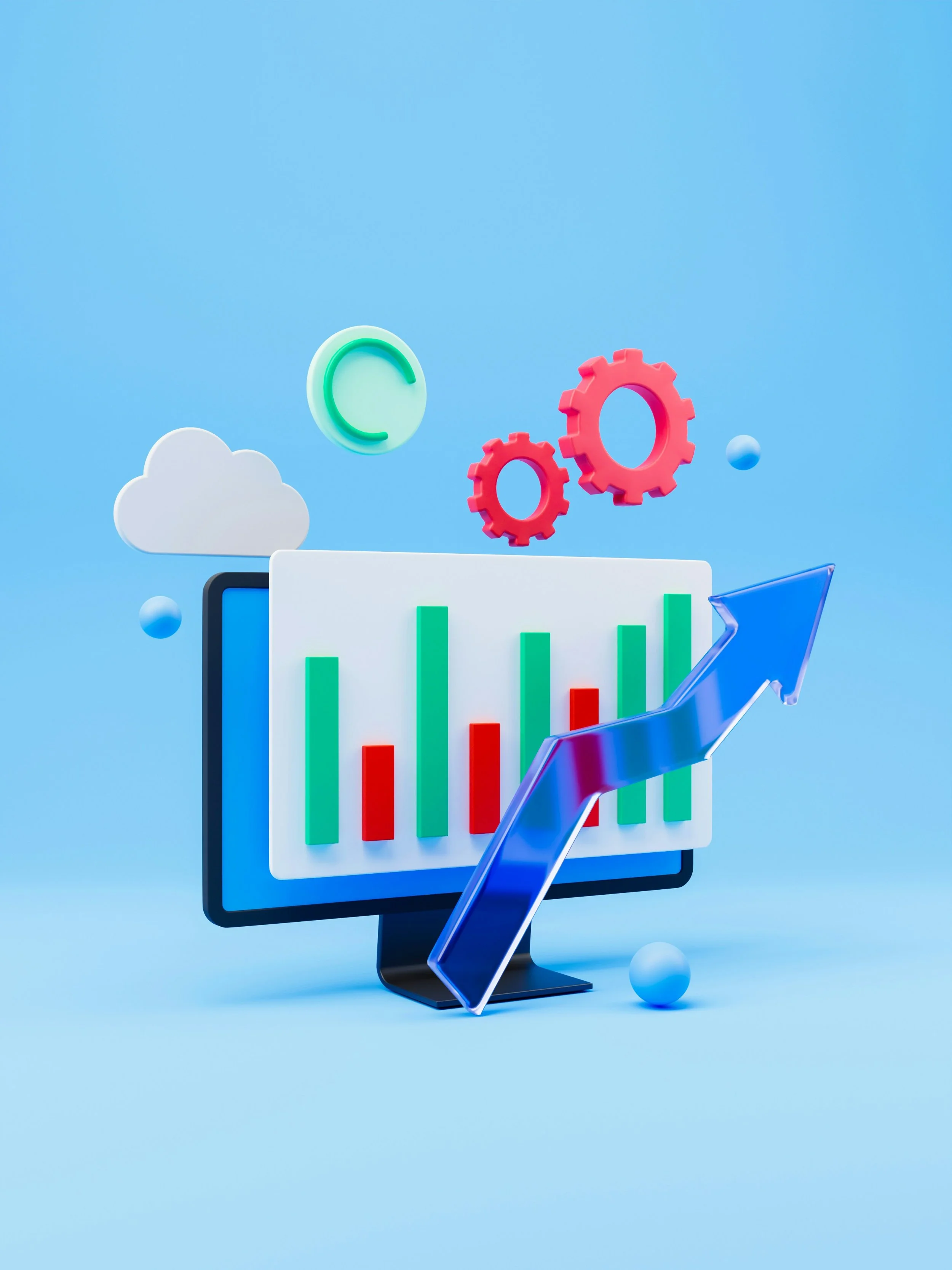 Digital illustration of a computer monitor displaying a bar graph with green and red bars, a blue arrow pointing upward, floating gear icons, a cloud icon, and abstract 3D shapes on a light blue background.