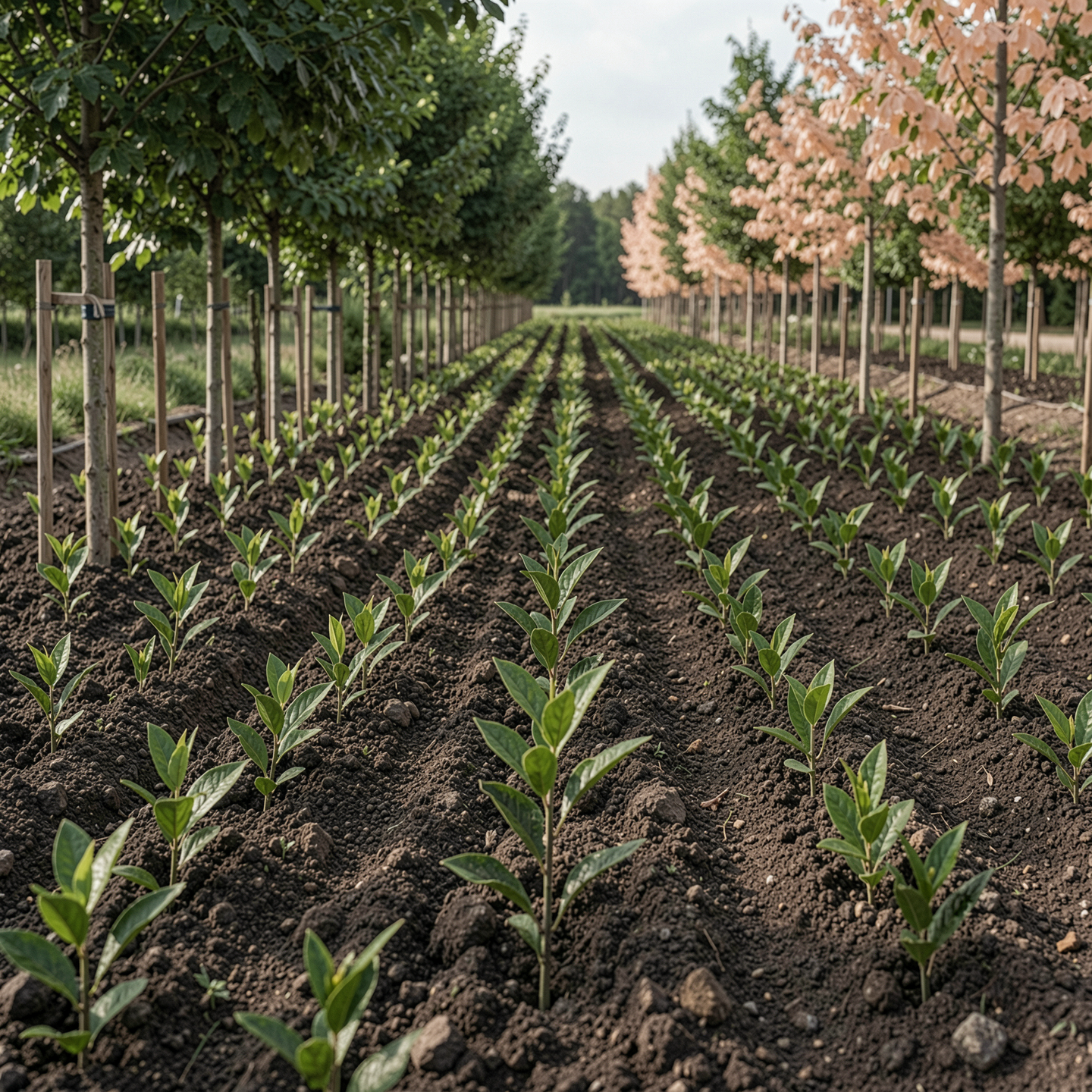 Young plants growing in neatly planted rows in a farm field bordered by rows of green and blossoming pink trees.