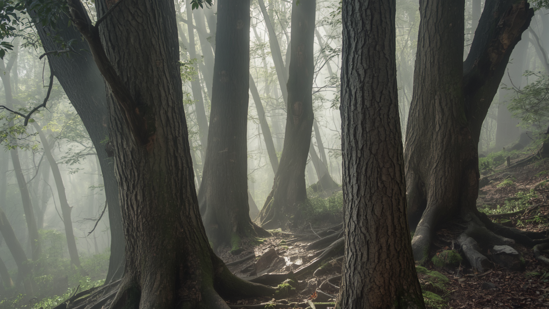 A foggy forest with large trees and exposed roots, sunlight filtering through the mist.