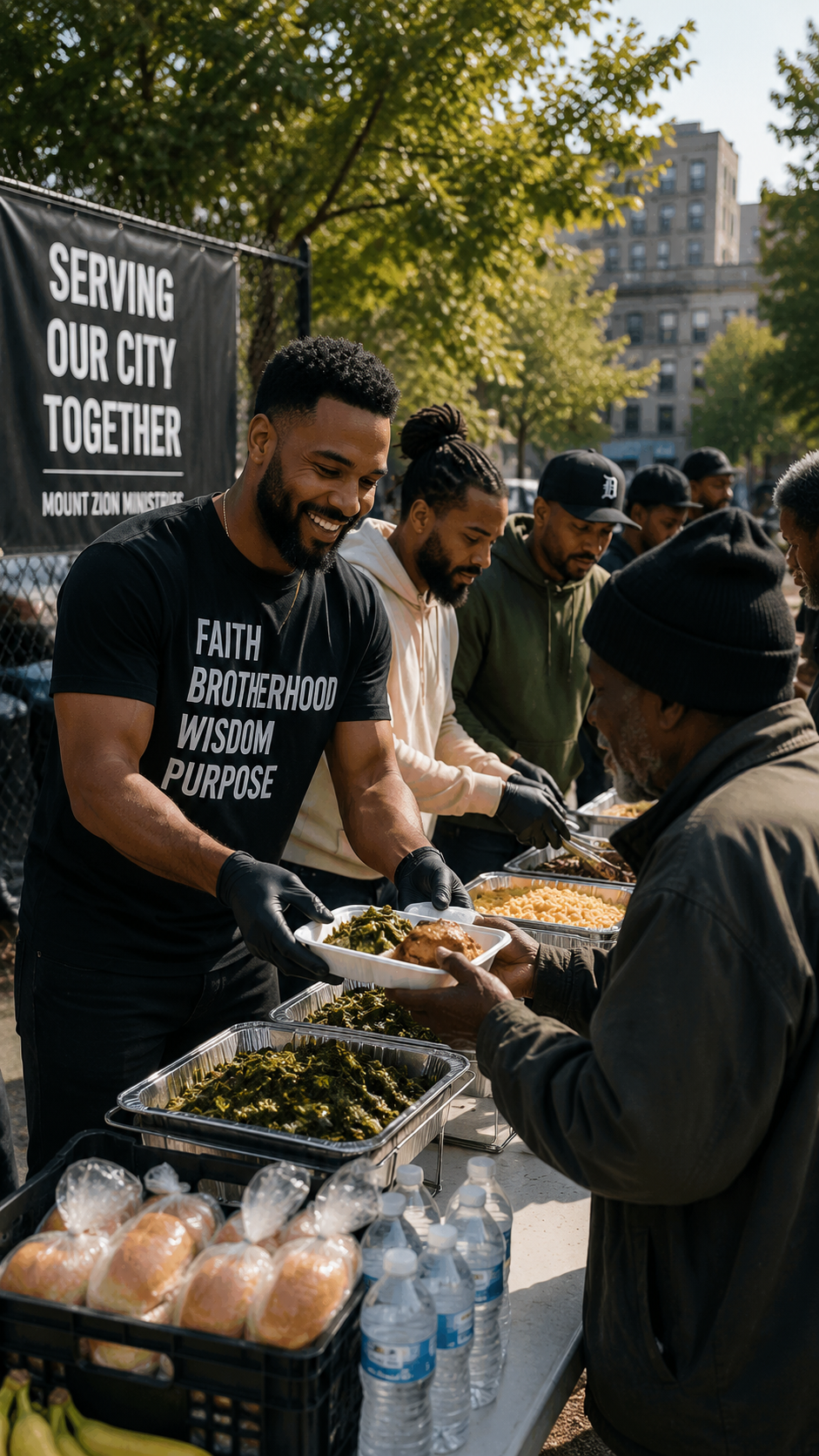A group of people serving food at an outdoor community event, with a sign that reads 'Serving Our City Together,' and tables filled with food and bottled water.