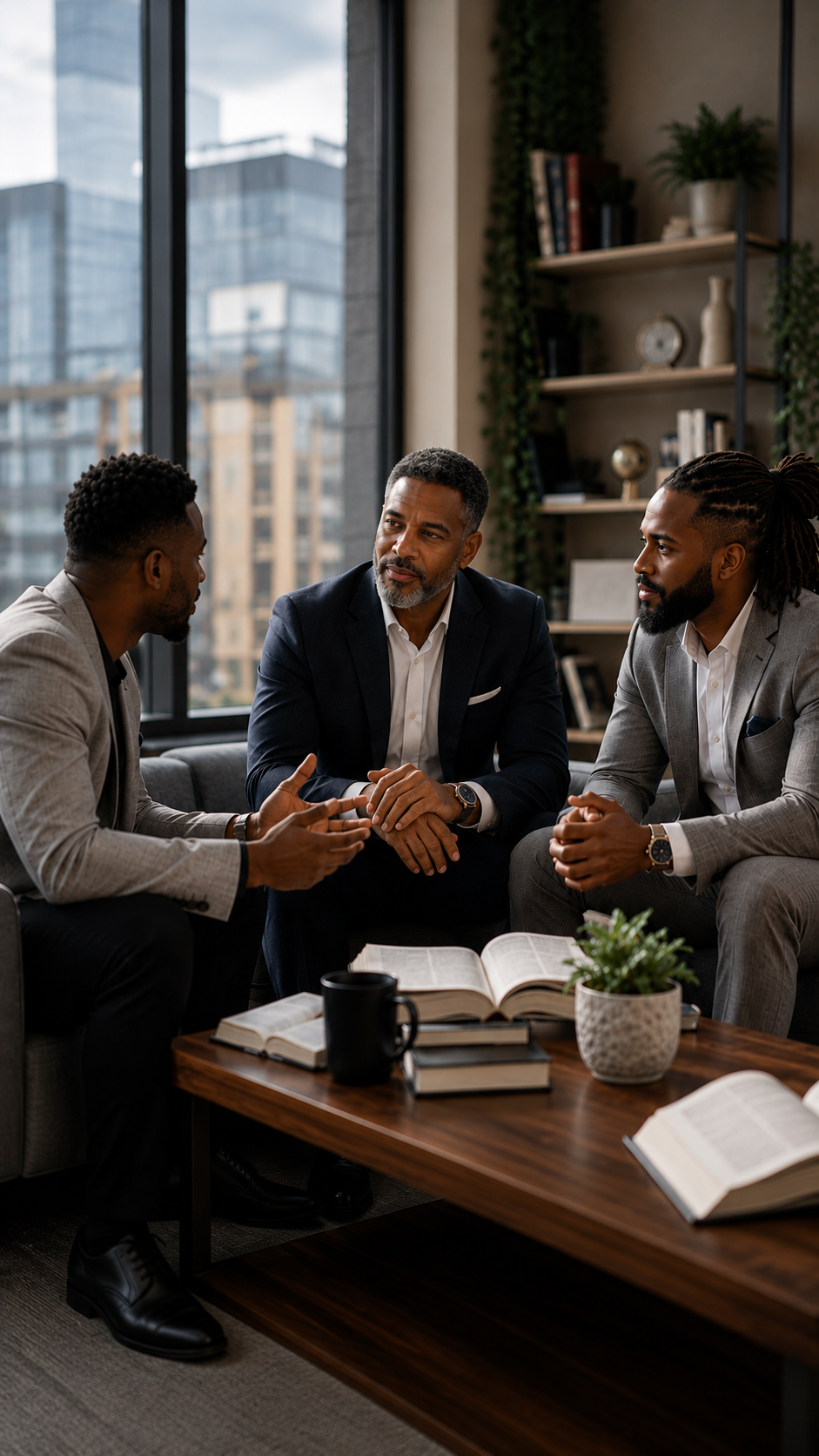 Three men in business suits having a mentorship discussion in an office with large windows and cityscape view.