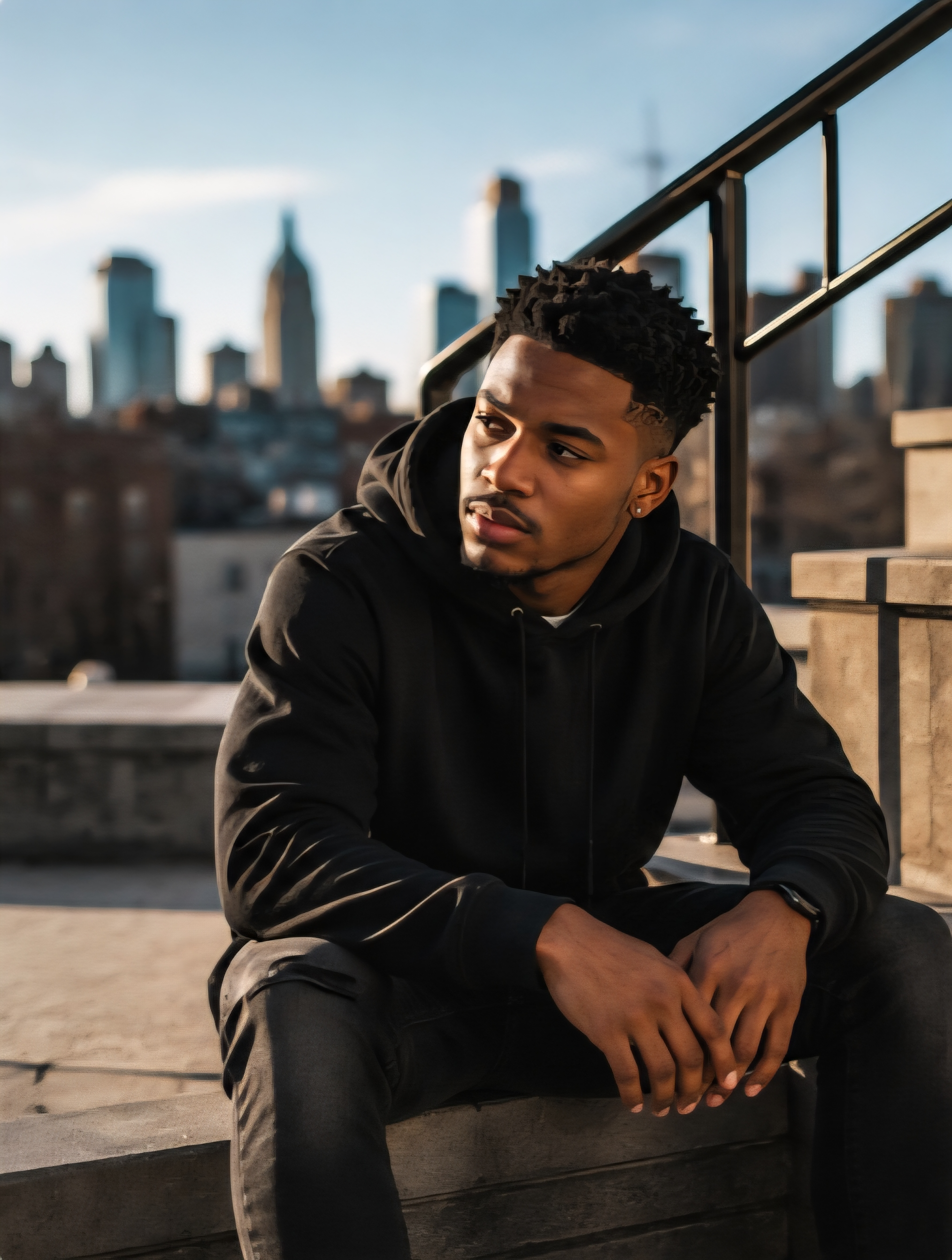 A young man with short curly hair, wearing a black hoodie, sitting on a rooftop with a city skyline in the background during daylight. He is looking to the side with a contemplative expression.