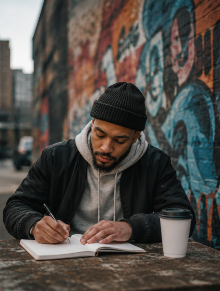 Young man in a beanie and black jacket writing personal goals in a notebook at an outdoor table with a coffee cup nearby, graffiti on a brick wall in the background.