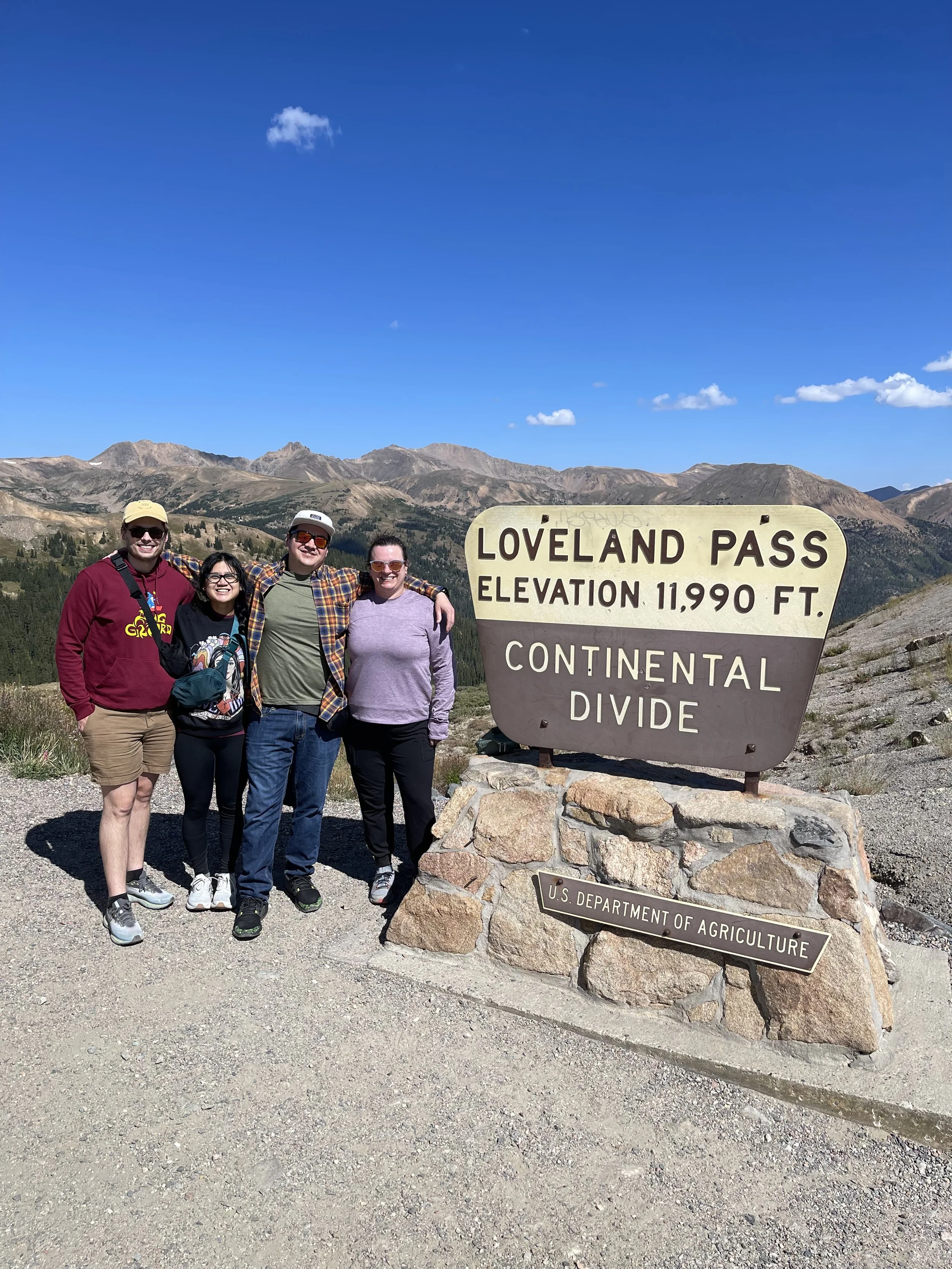 Four people standing next to a sign at Loveland Pass, with mountains and a blue sky in the background.