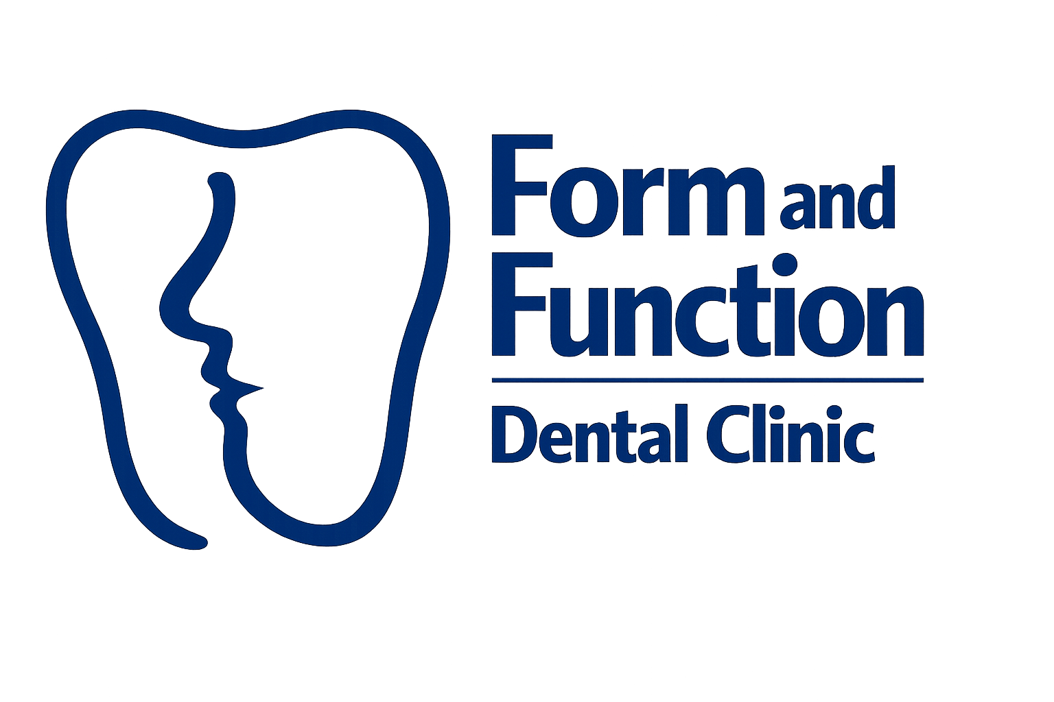 Logo of a dental clinic called 'Form and Function Dental Clinic' featuring a stylized blue outline of a tooth with a face silhouette inside.