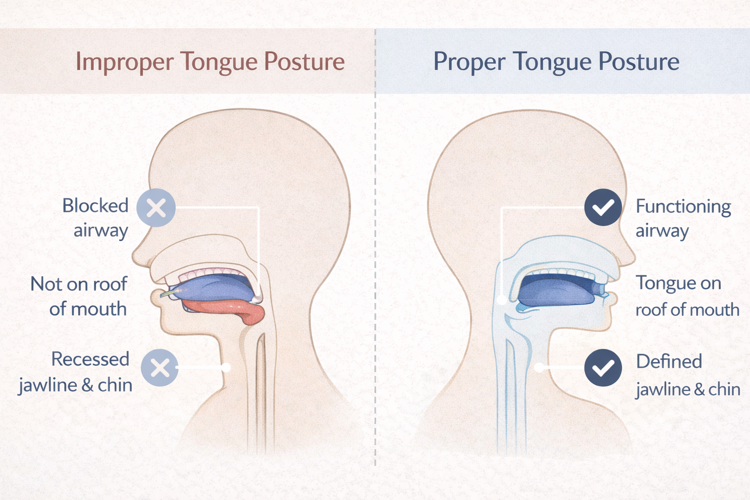 Comparison of improper and proper tongue posture illustrated. Improper posture shows a blocked airway, tongue not on the roof of the mouth, and a recessed jawline and chin. Proper posture shows a functioning airway, tongue on the roof of the mouth, and a defined jawline and chin.