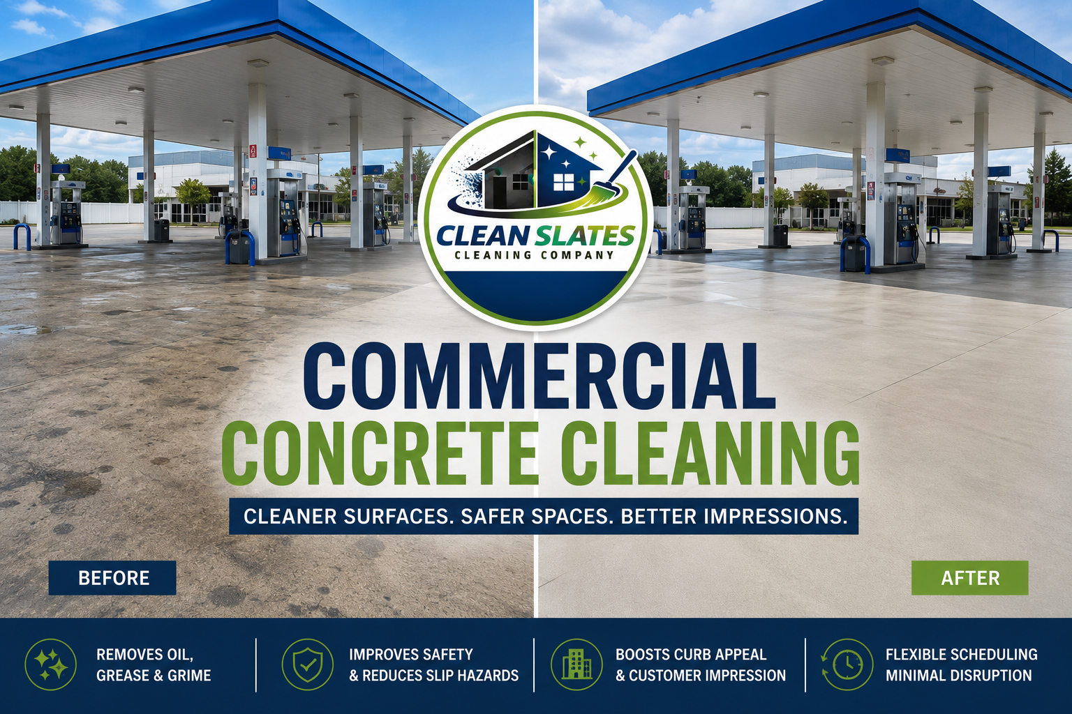 Side-by-side comparison of a commercial concrete surface before and after cleaning by Clean Slates Cleaning Company. The before side shows a dirty, stained concrete with oil, grease, and grime, while the after side shows a clean, smooth, and bright concrete surface. The image features a gas station canopy with fuel pumps in the background, and has text highlighting the benefits of commercial concrete cleaning, including removing oil, grease, grime, improving safety, reducing slip hazards, boosting curb appeal, and causing minimal disruption.