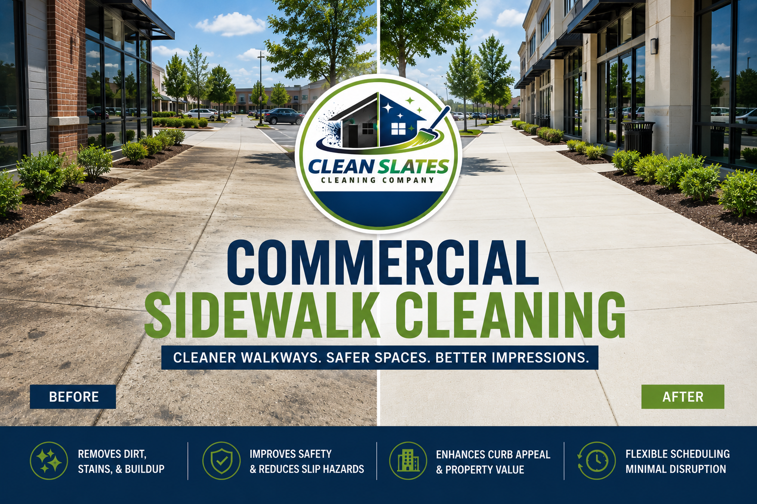 Side-by-side comparison of a sidewalk before and after cleaning, with a logo of a cleaning company 'Clean Slates' and text promoting commercial sidewalk cleaning benefits.