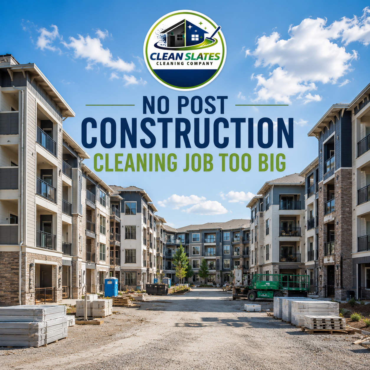 Construction site of a multi-story apartment complex with a sign that reads 'No Post Construction, Cleaning Job Too Big' and the logo of Clean Slates Cleaning Company, under a blue sky with clouds.