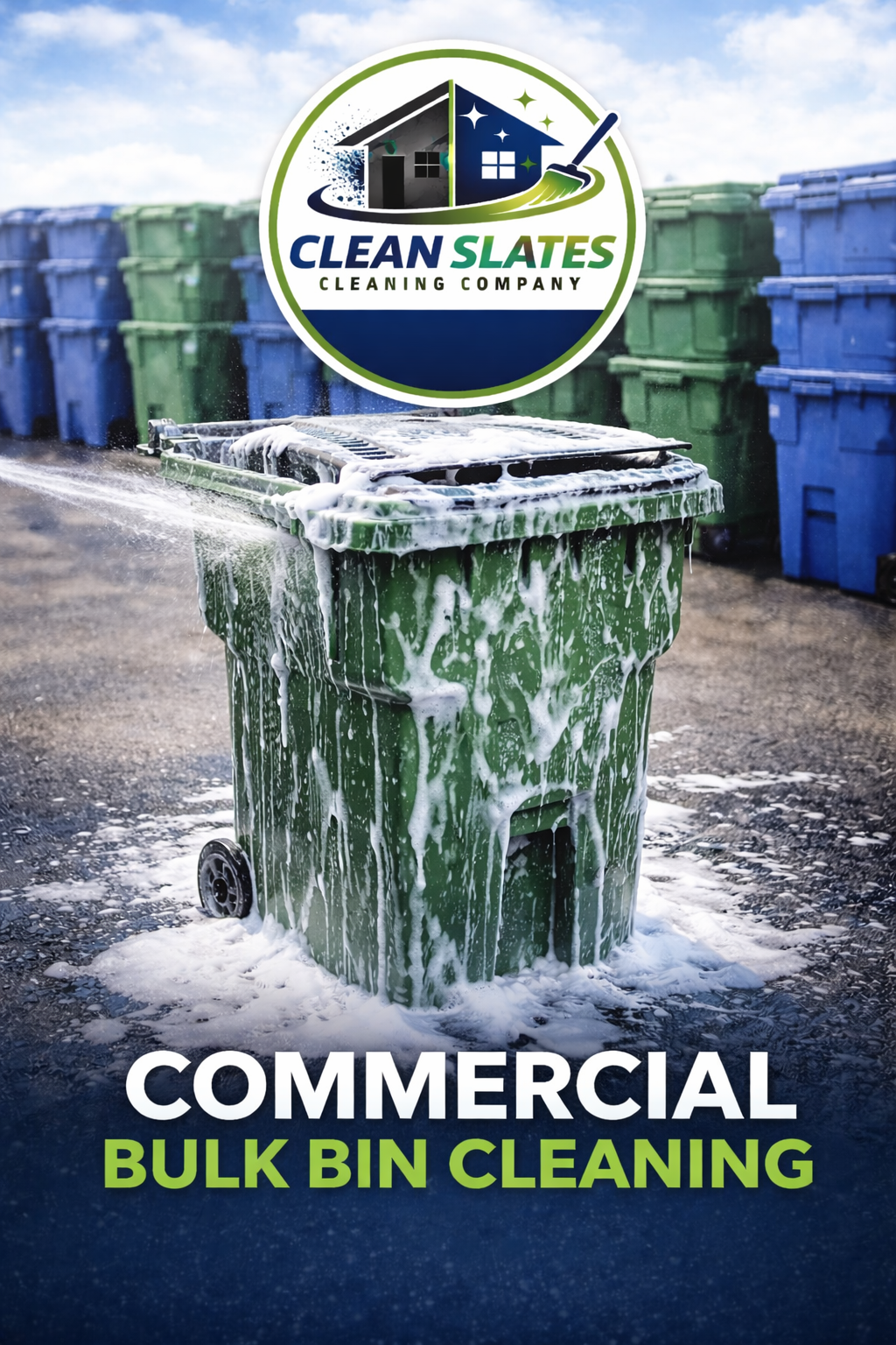Green dumpster overflowing with soap suds in an industrial outdoor area with multiple blue and green recycling bins in the background. Logo for Clean Slates Cleaning Company features a house and broom. Text reads 'Commercial Bulk Bin Cleaning'.