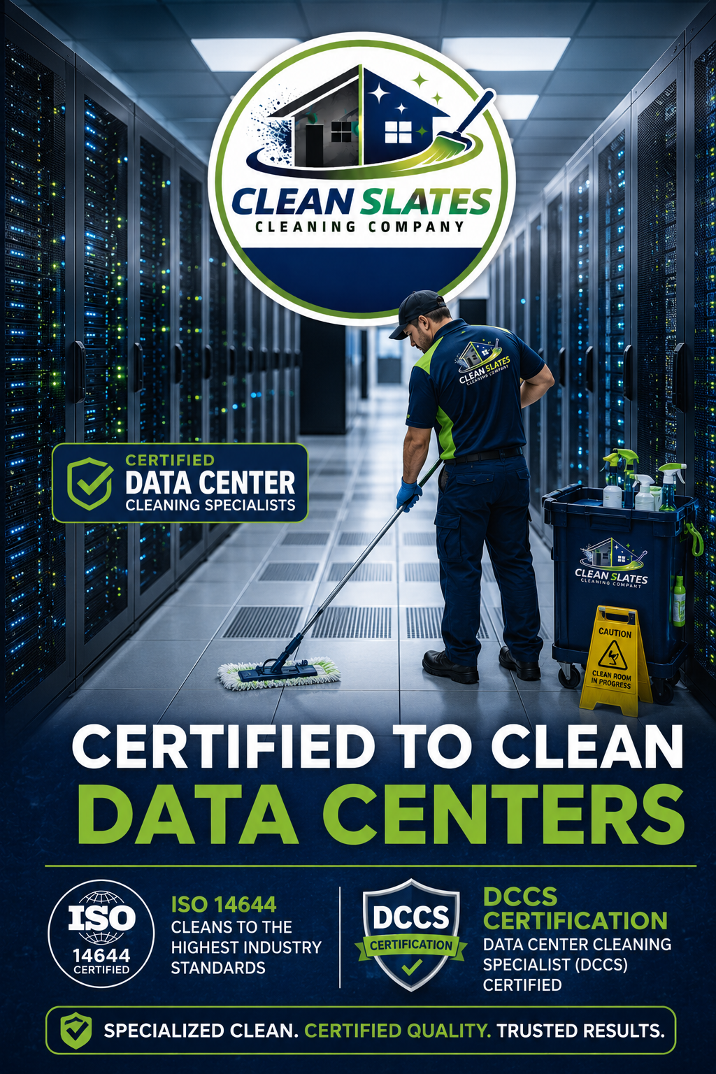 A technician in a data center cleaning server racks with a mop, surrounded by cleaning supplies and a certification logo.