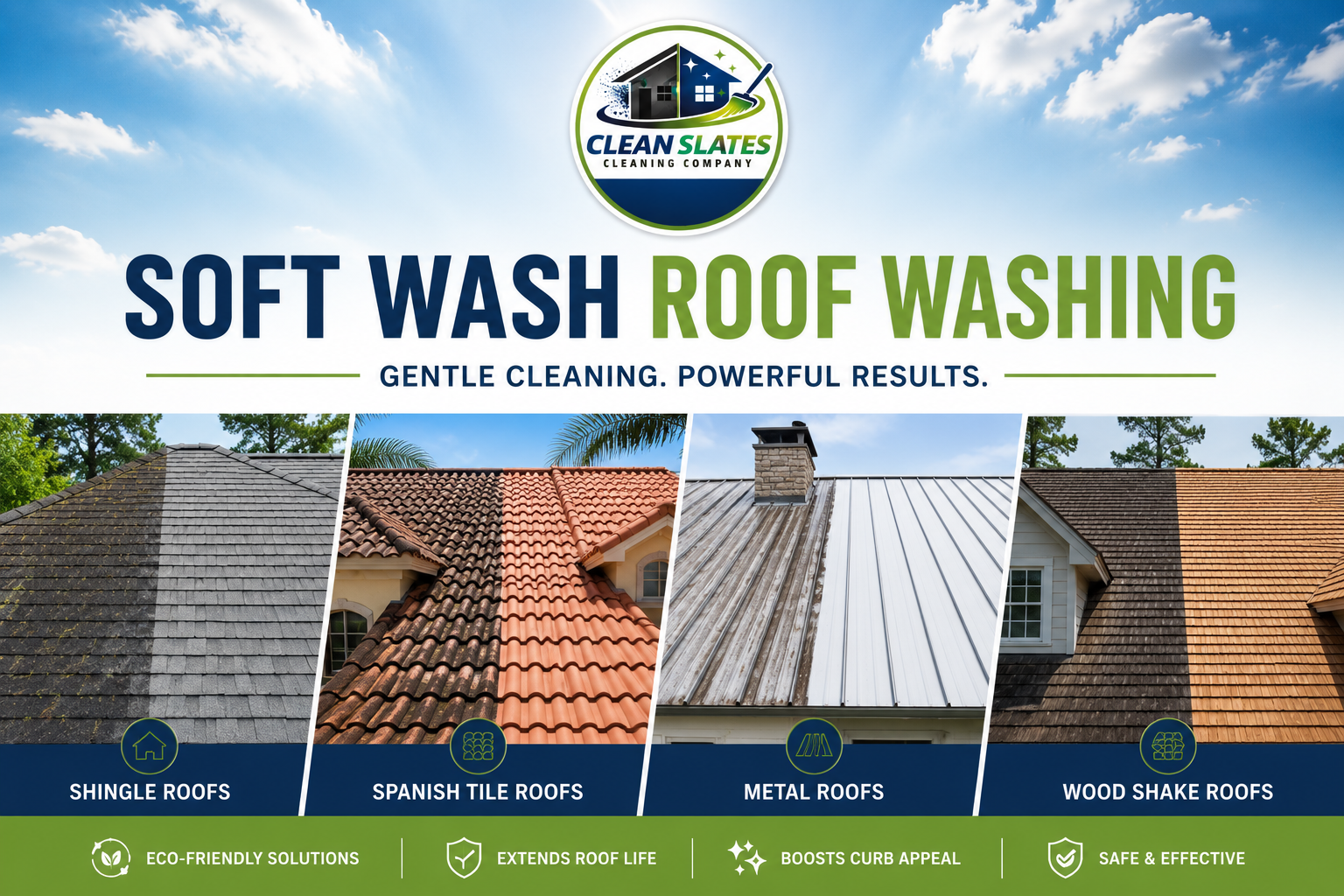 Advertisement for Clean Slates Cleaning Company's roof washing service, featuring images of different roof types—shingle, Spanish tile, metal, and wood shake—with eco-friendly, durable, curb appeal boosting, and safe solutions highlighted.