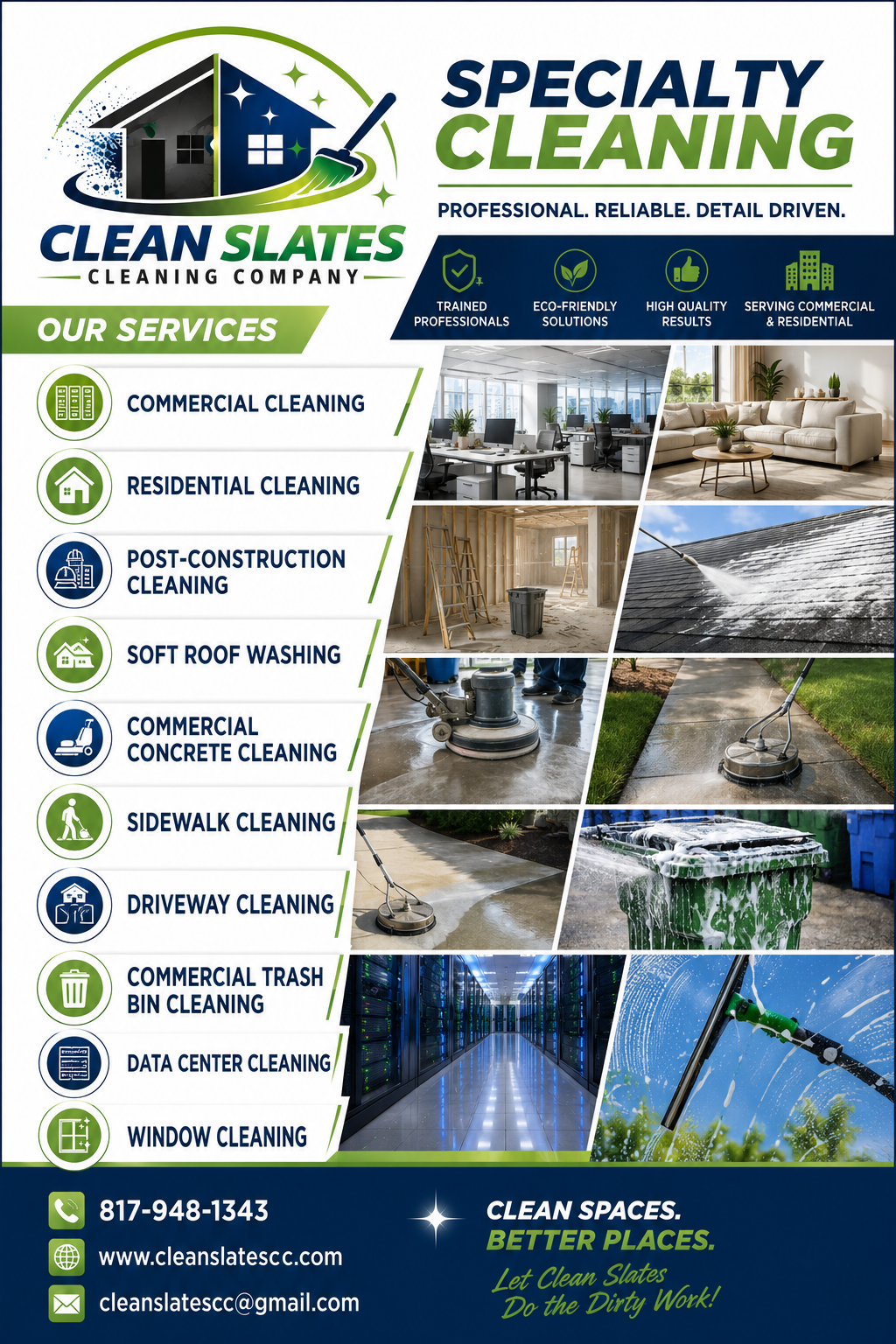 Flyer for Clean Slates Cleaning Company, listing services such as commercial, residential, post-construction, soft roof washing, concrete, sidewalk, driveway, trash bin, data center, and window cleaning, with images of cleaning activities and contact information.