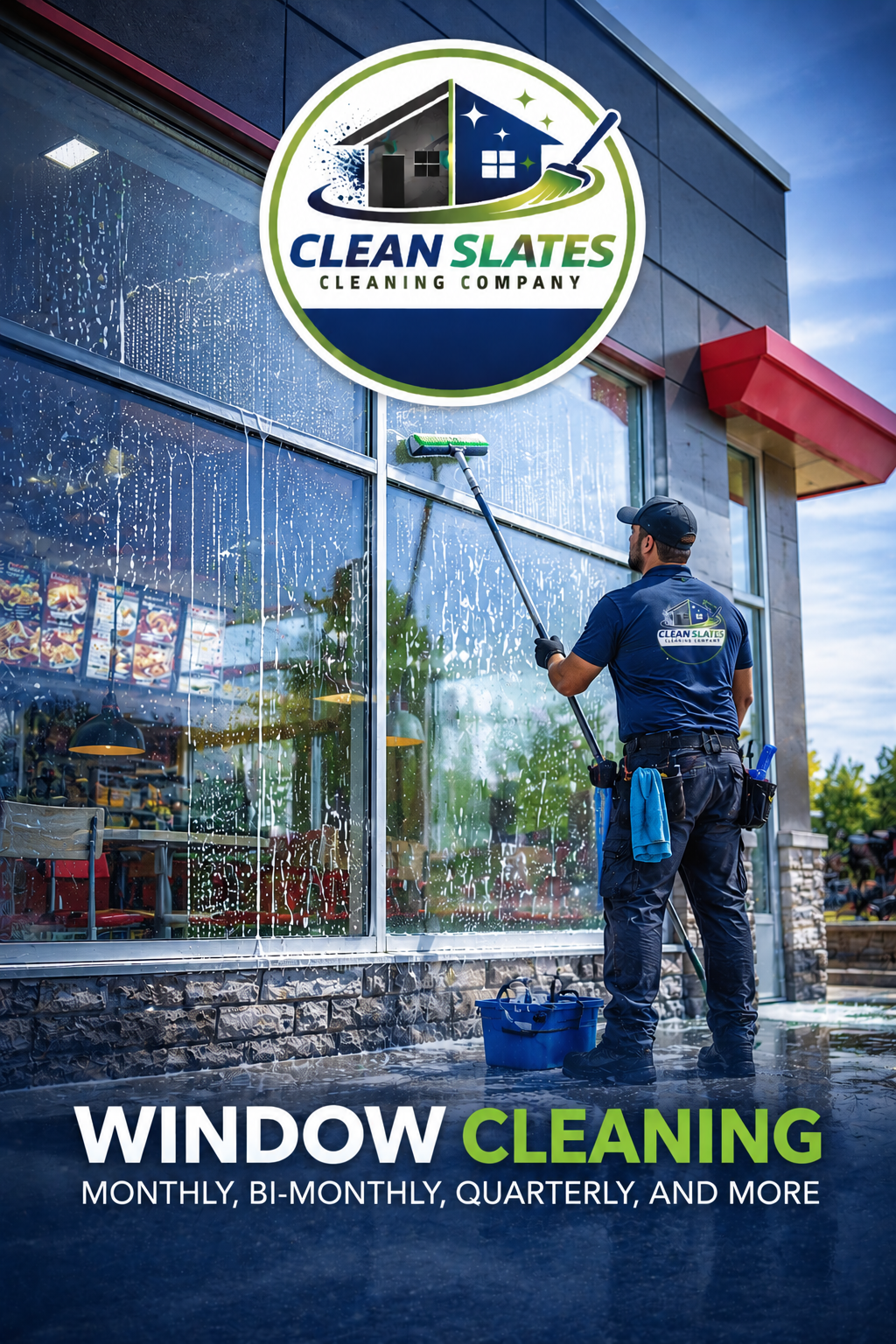 A window cleaner in a navy uniform with a 'Clean Slates' logo is cleaning large glass windows of a commercial building with soap and water. The company's logo is visible on his back, and the logo is also displayed on a sign above. The message promotes window cleaning services available monthly, bi-monthly, quarterly, and more.
