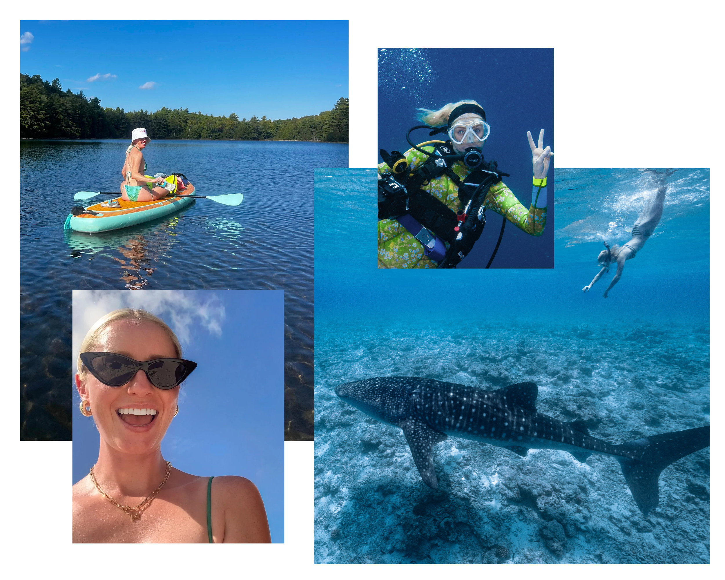 Collage of outdoor water activities including a person paddleboarding on a lake, a woman scuba diving underwater making a peace sign, and a close-up of a smiling woman wearing sunglasses with the ocean behind her.
