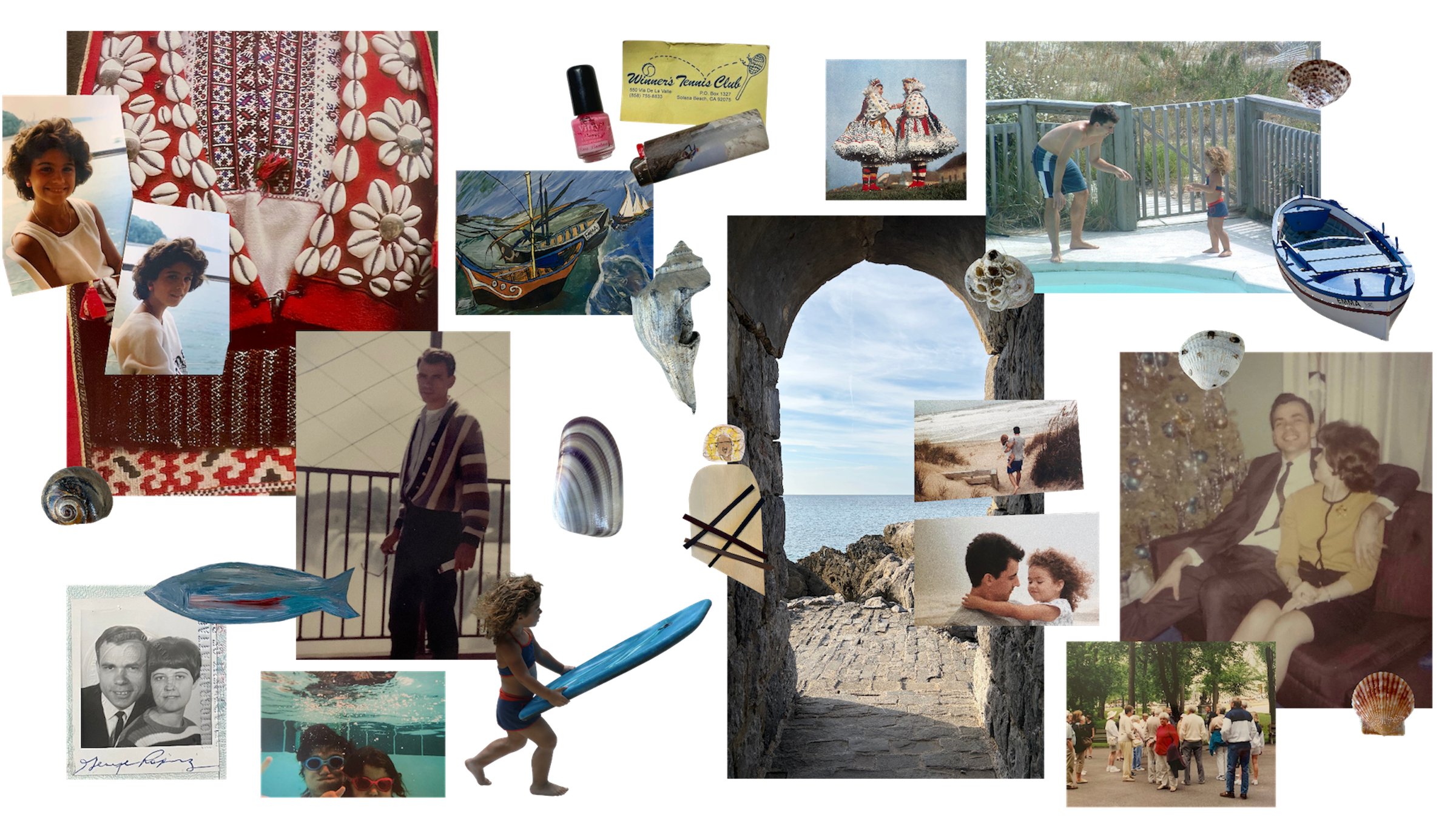 A collage featuring images that inspired the making of bonaca including family photographs, images of the Adriatic sea, and Croatian Folk dress.