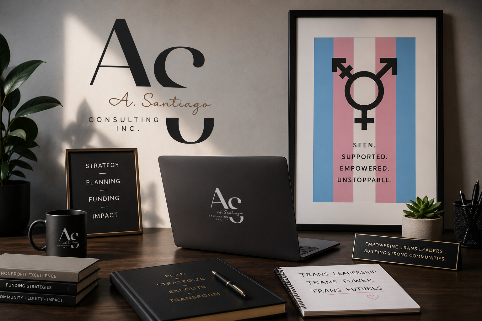 A. Santiago Consulting workspace with strategy materials and trans pride artwork.