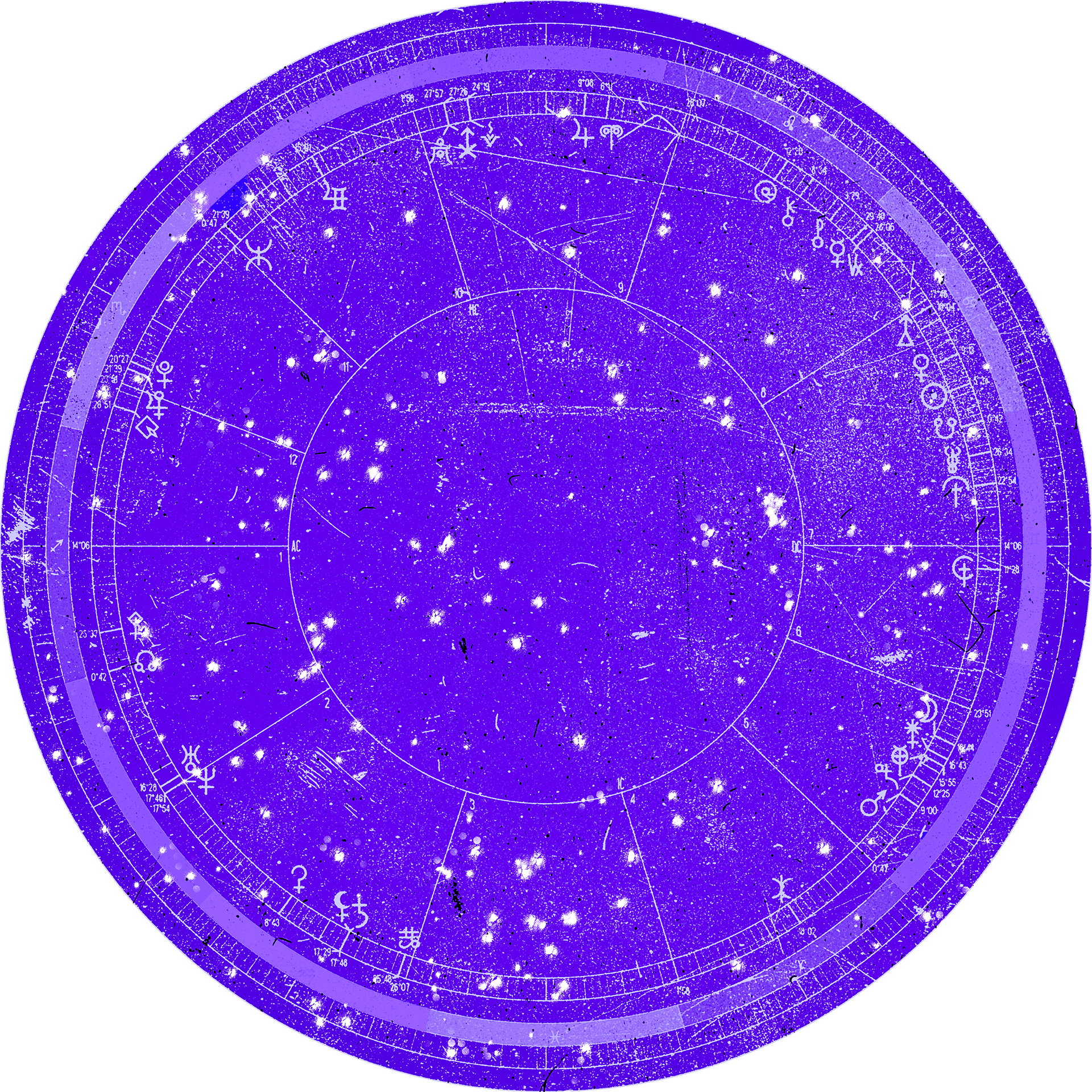 A star chart with white constellations, zodiac signs, and celestial markings on a deep purple background, encircled by concentric celestial coordinate rings.