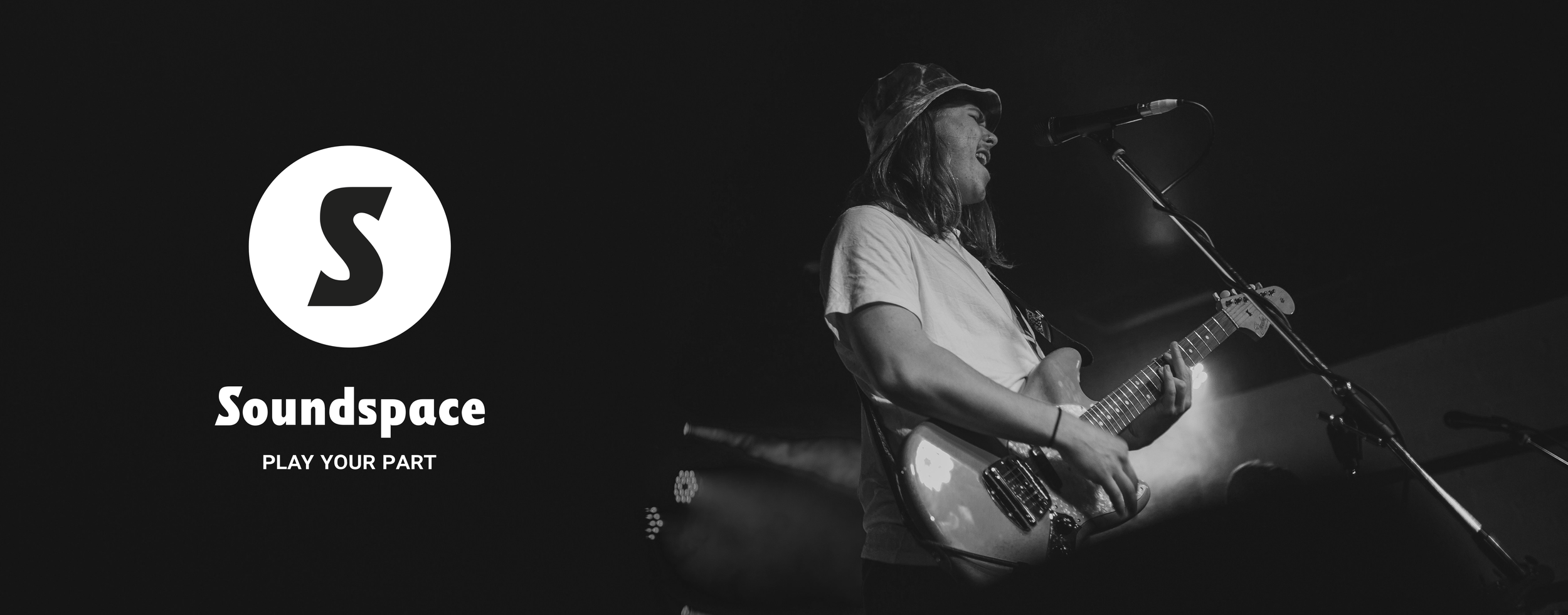 A musician performing on stage with a guitar, accompanied by a Soundspace logo and the tagline 'Play Your Part'.