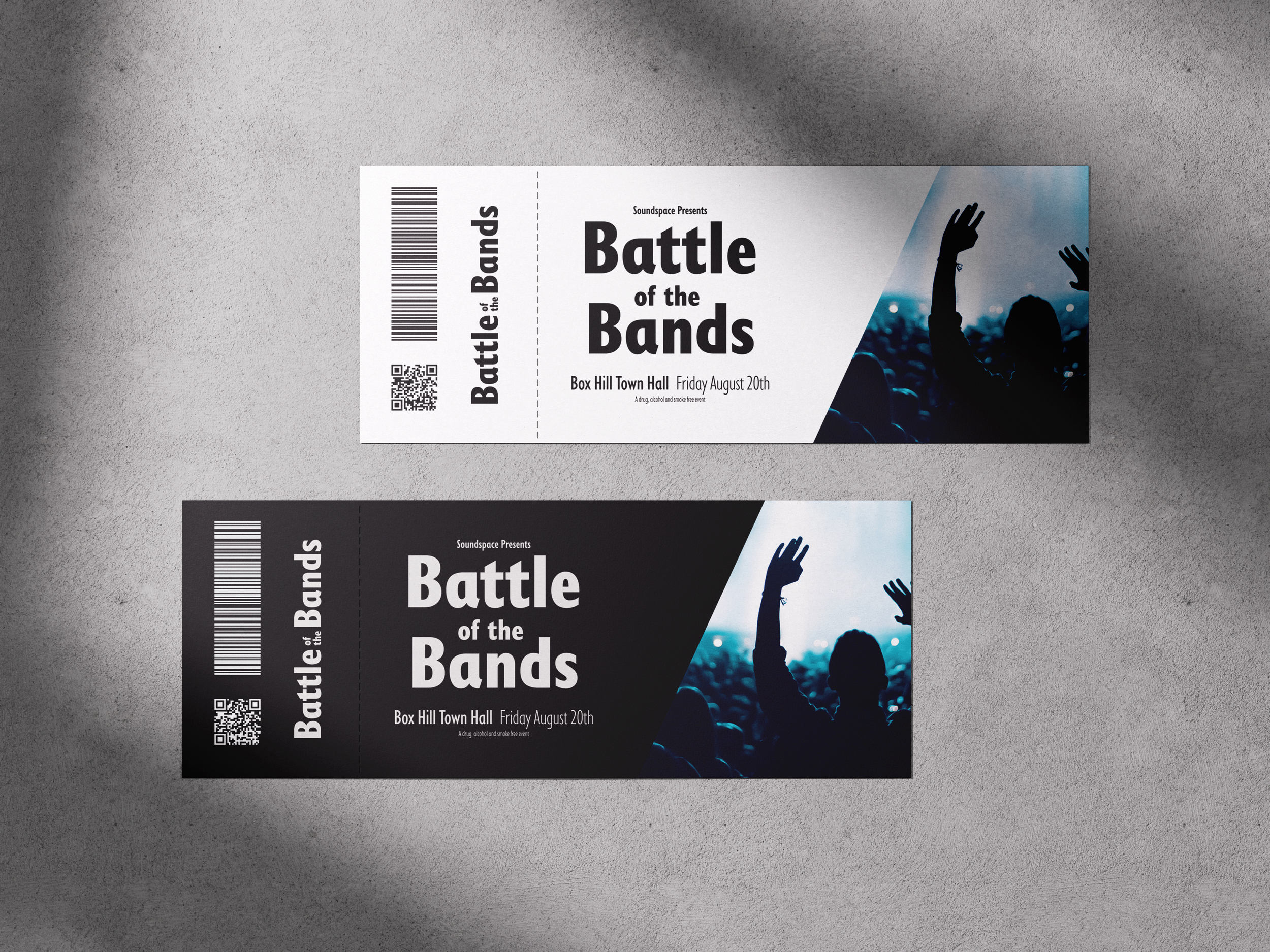 Two concert tickets for the event "Battle of the Bands" at Box Hill Town Hall on Friday, August 20th. Each ticket has a barcode, QR code, and an image of raised hands at a concert.