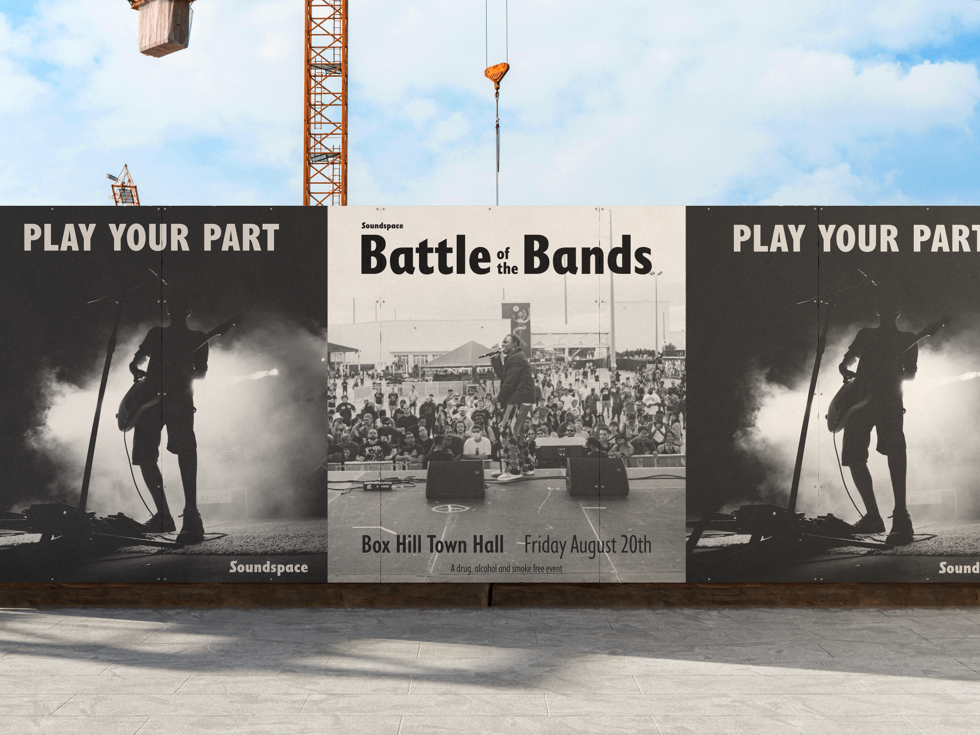 Black and white promotional poster for the event Soundspace Battle of the Bands  at Box Hill Town Hall on Friday, August 20th, featuring images of band members and a crowd at an outdoor event.