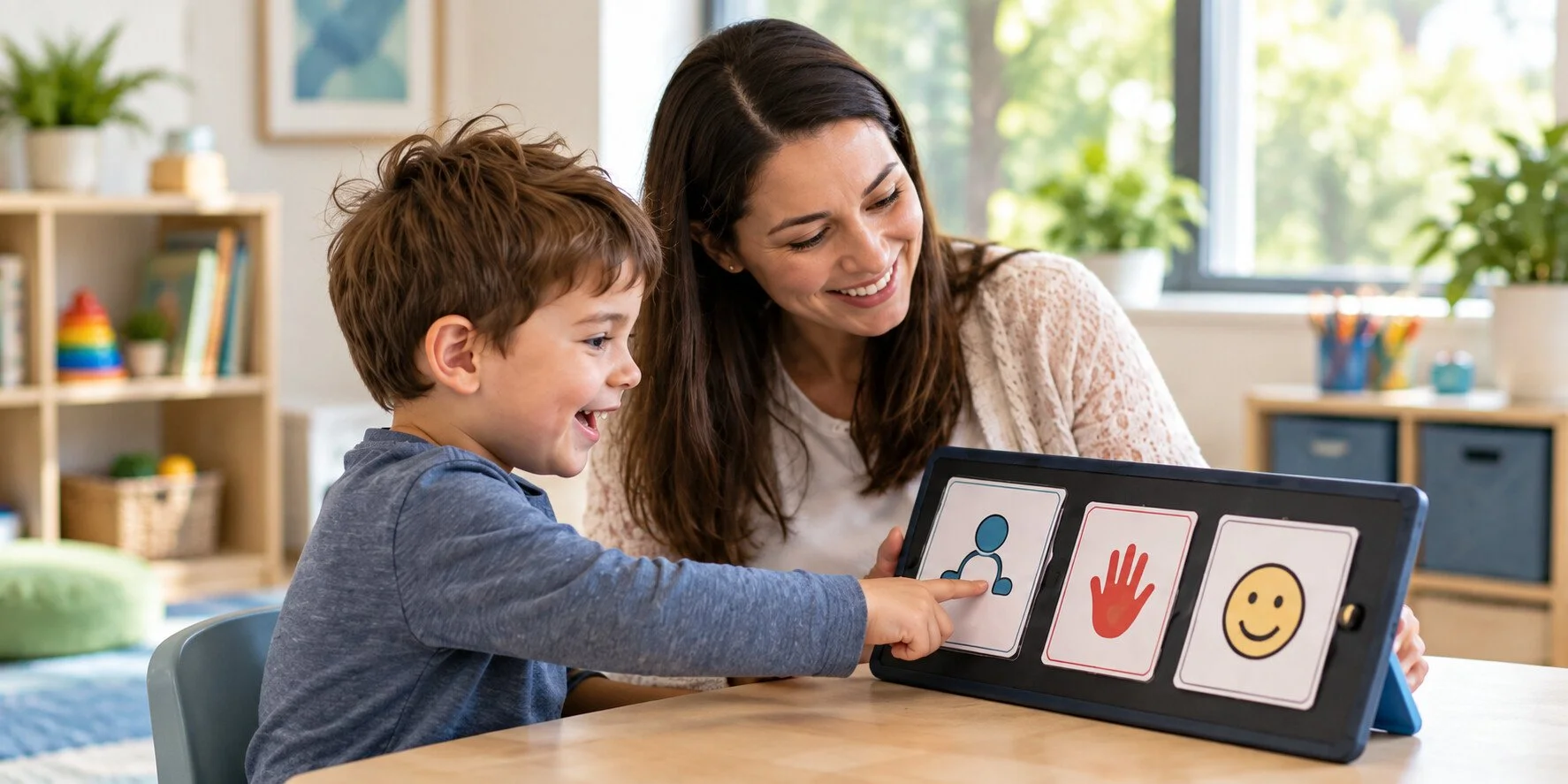 A child uses a picture-based communication board with a therapist beside them.