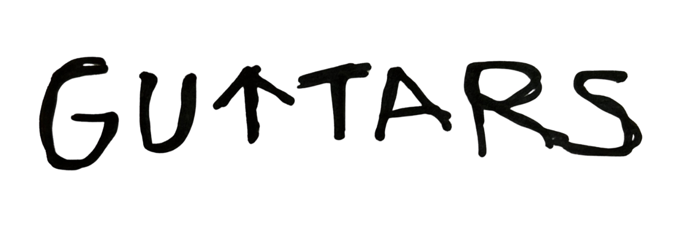Word 'GUTTERS' written in black, textured letters on a red background.