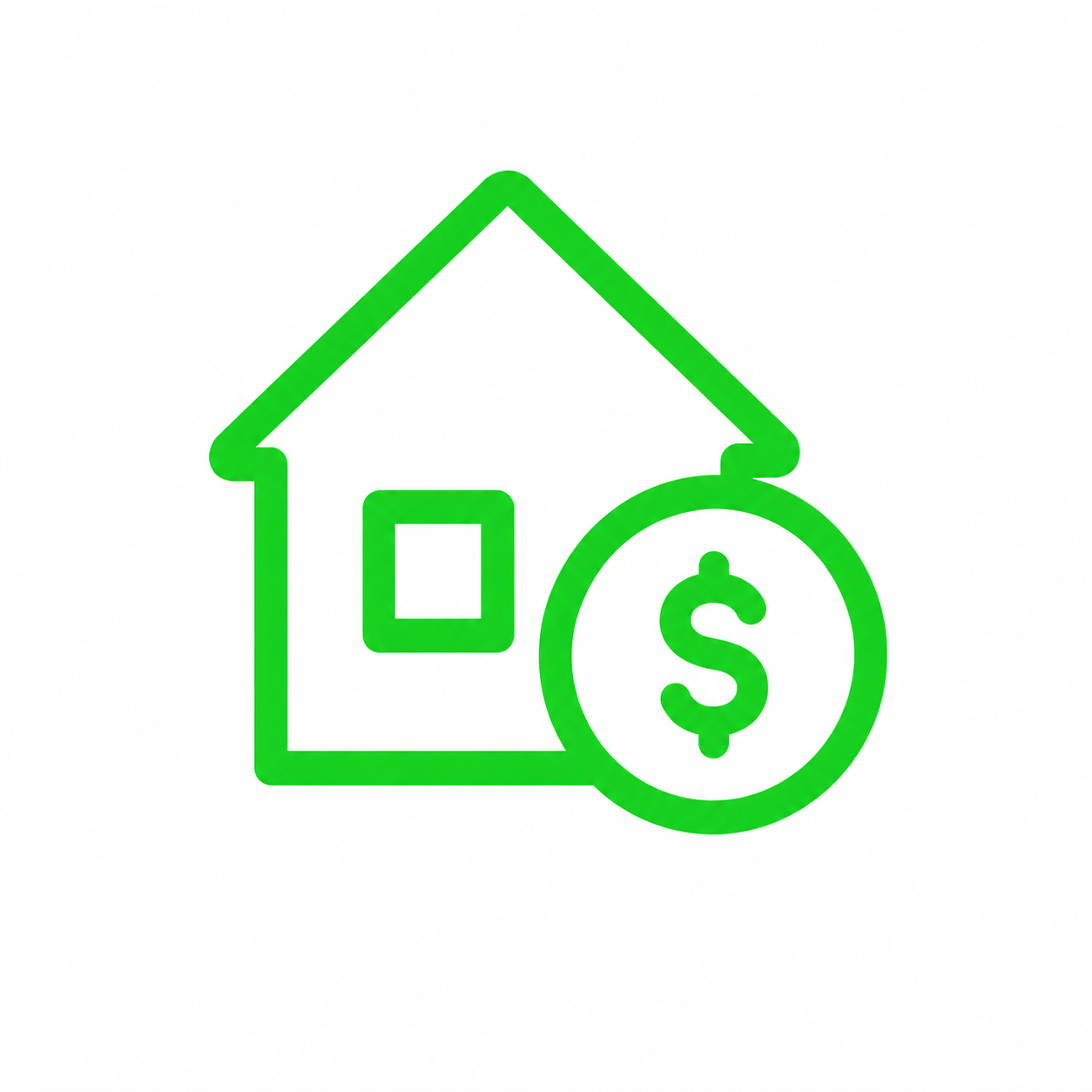 Green outline of a house with a dollar sign in a circle in front of it.