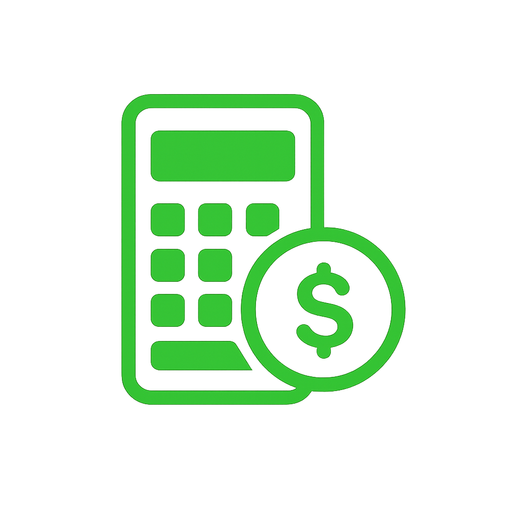 Green outline of a calculator with a dollar sign coin in front of it on a black background.