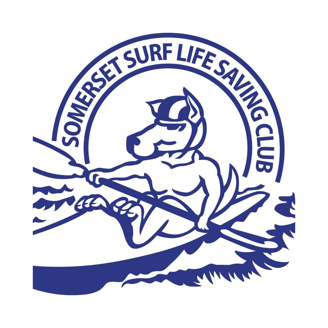 Logo of the Somerset Surf Life Saving Club featuring an anthropomorphic wolf wearing swim goggles, paddleboarding on water.