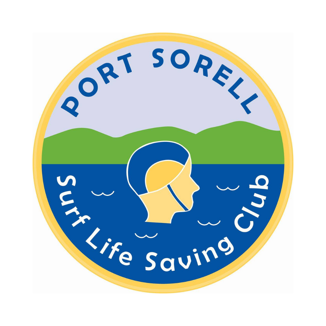 A circular logo with a yellow border, featuring a person wearing a life jacket in water, green hills in the background, and the text 'Port Sorell Surf Life Saving Club' surrounding the image.