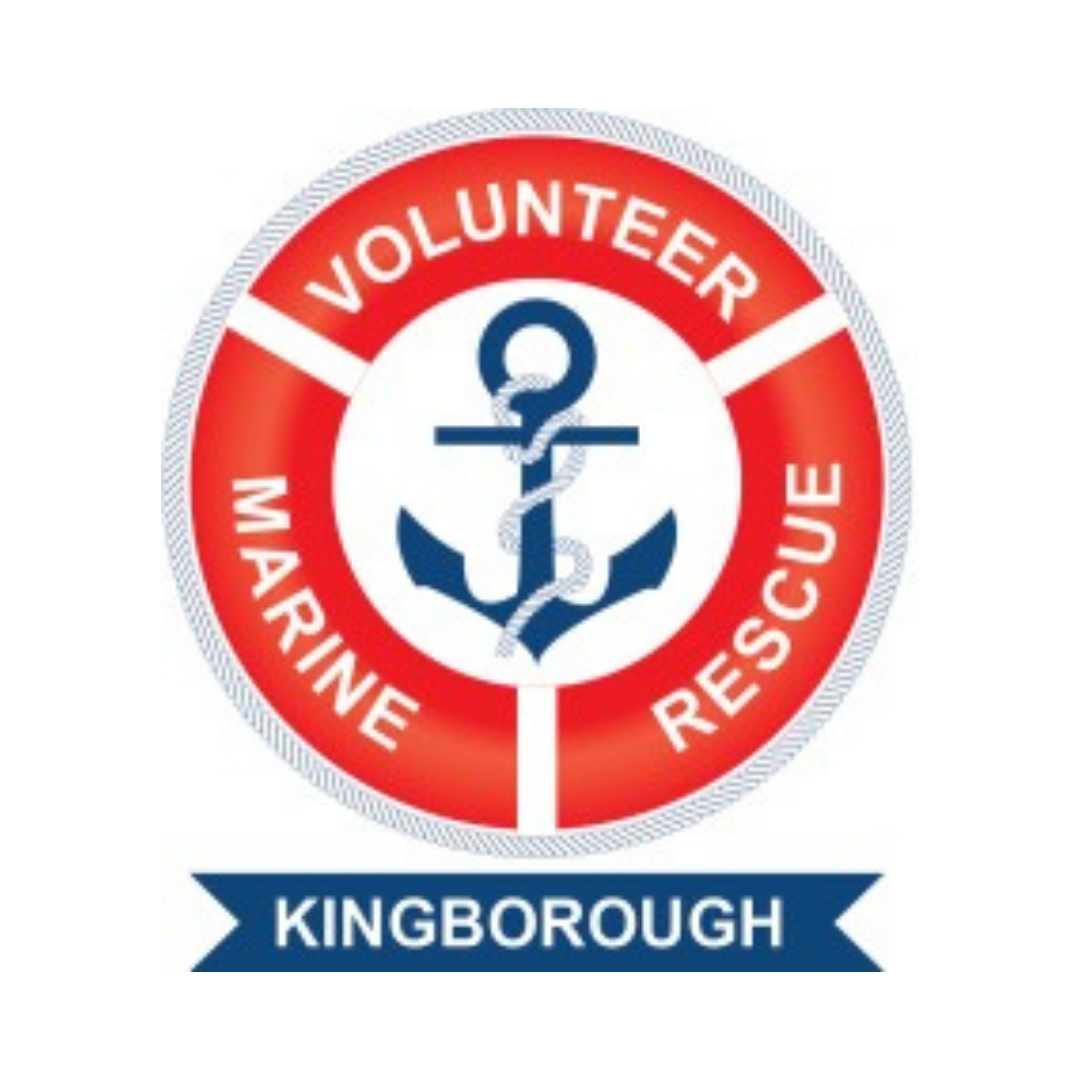 A circular badge with a red outer ring and white inner circle. The outer ring reads 'Volunteer Marine Rescue' and the inner features a blue anchor with a caduceus staff entwined around it. Below the circle, a blue ribbon displays the word 'Kingborough'.