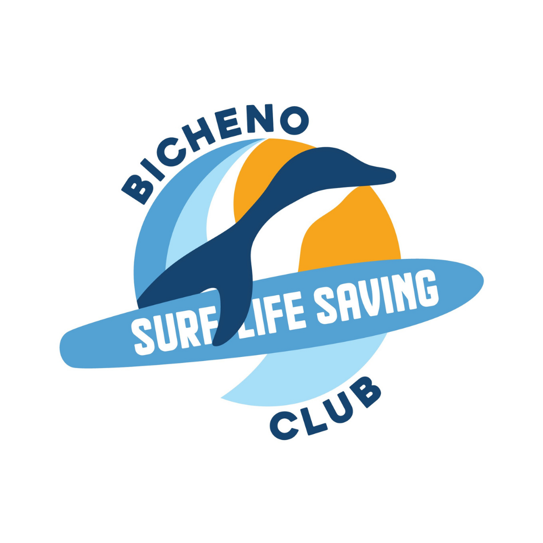 Logo for Bicheno Surf Life Saving Club featuring a dolphin, sun, waves, and surfboard with text.