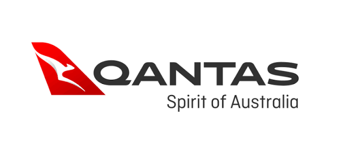 Qantas logo with red kangaroo symbol and the tagline 'Spirit of Australia'.
