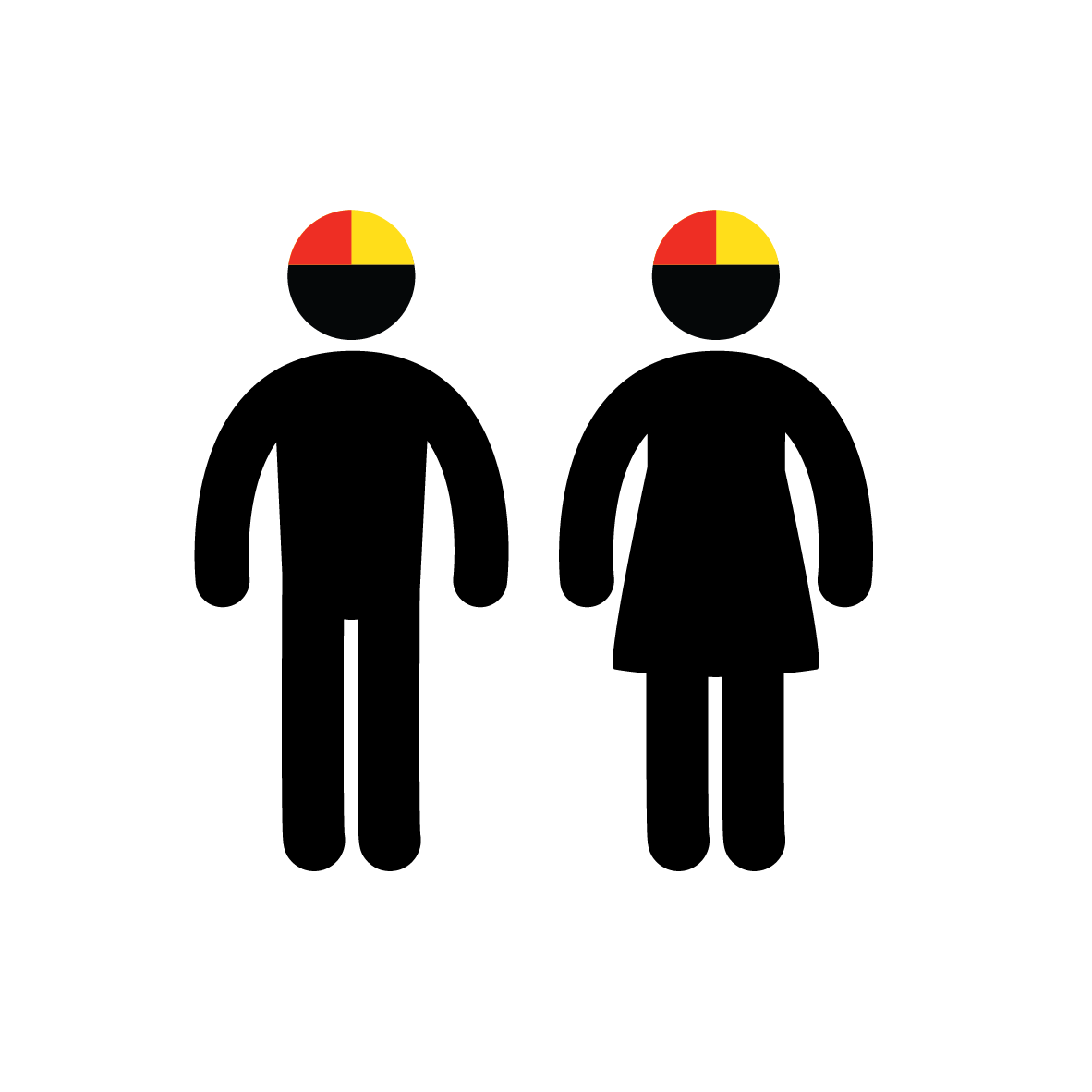 A black diagram of a male and female wearing a red and yellow surf cap.