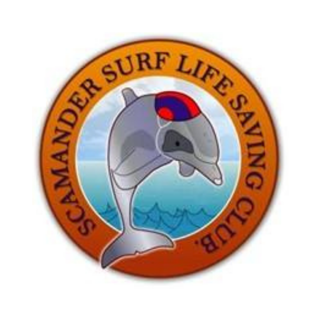 Circle badge with a dolphin wearing a sheriff's cap, and photo of ocean in background. Text reads 'Southeastern Under Surf Life Saving Club' around the border.