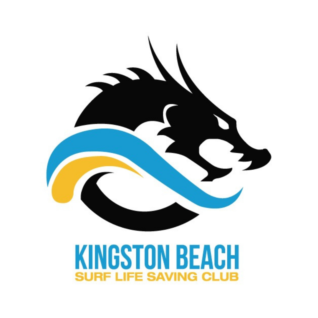 Logo for Kingston Beach Surf Life Saving Club featuring a black dragon head with stylized waves in blue and yellow, and text beneath reading "Kingston Beach Surf Life Saving Club".