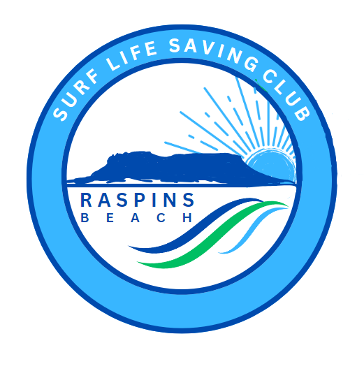 Logo of the Surf Life Saving Club at Raspins Beach featuring a blue circular design, an island with sunset rays, and stylized waves.