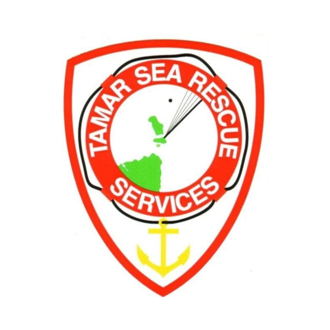TAMAR SEA RESCUE SERVICES badge featuring a map of Tamar Sea, an anchor, and a clock with rescue lines.