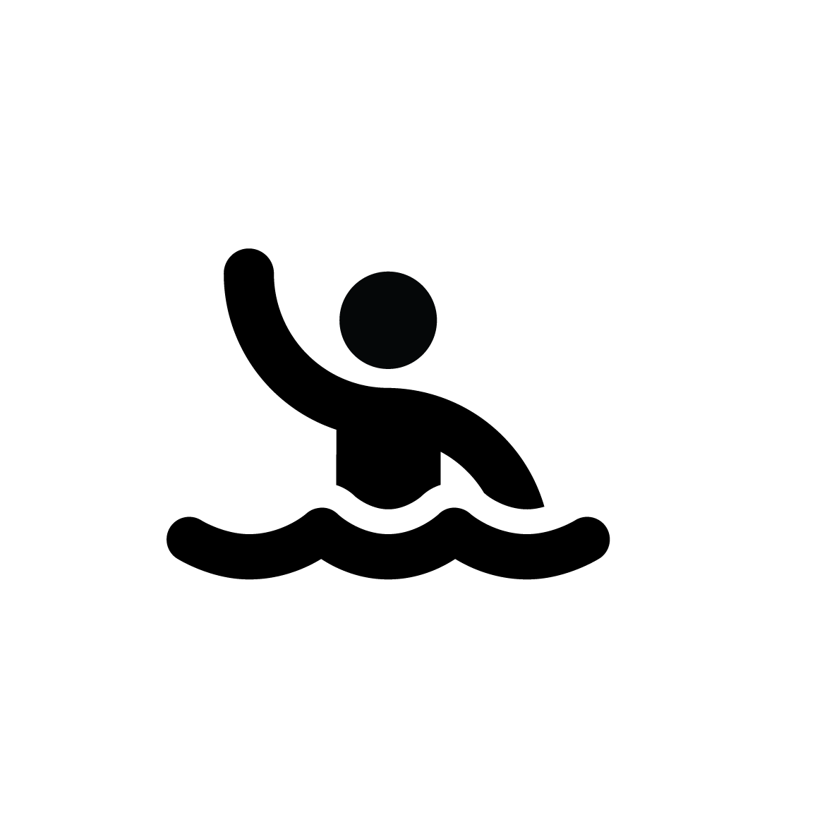 A black diagram of a swimmer in waves waving one hand in the air.
