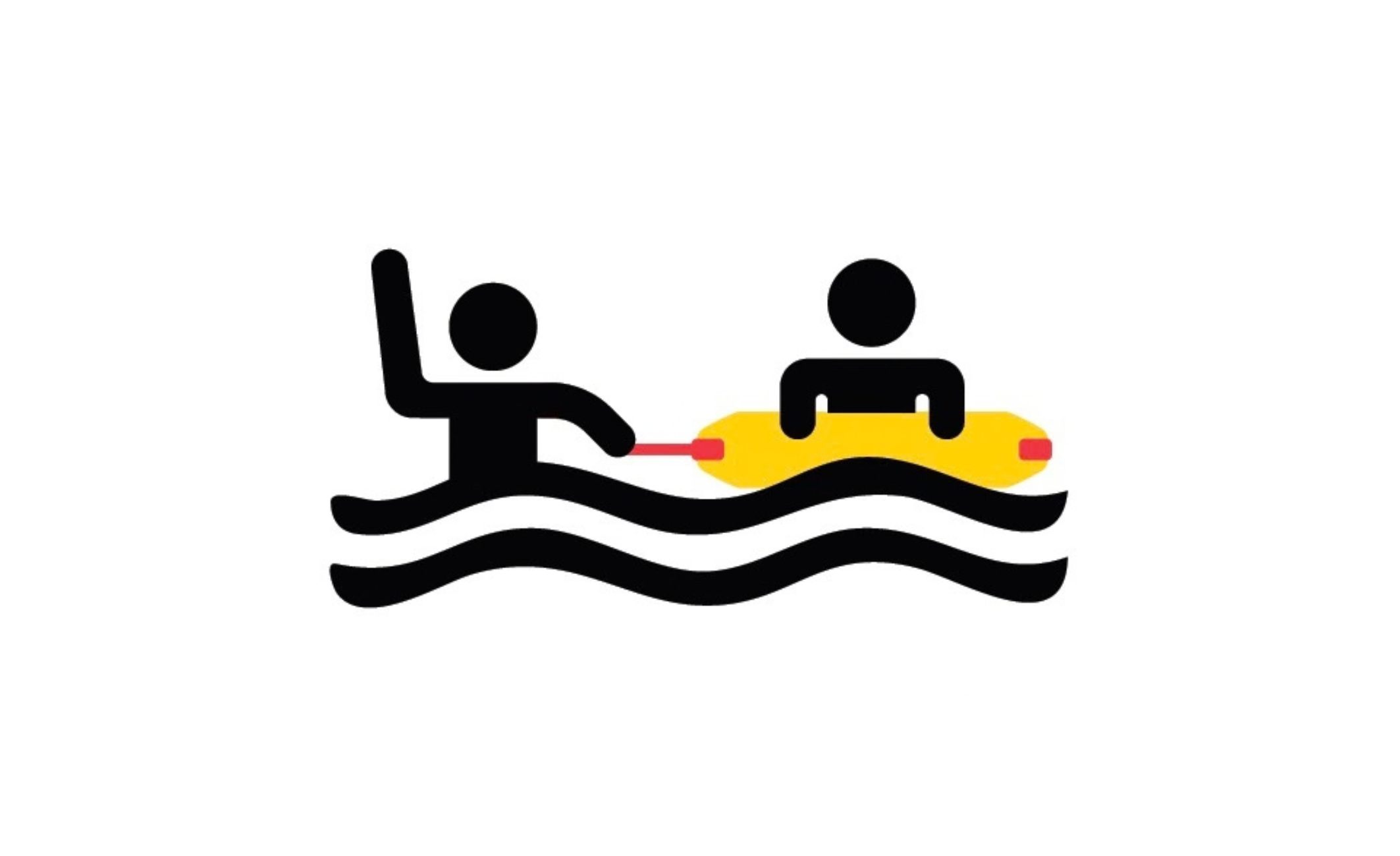 A simplified illustration of two people on the water, one on a kayak and the other waving.
