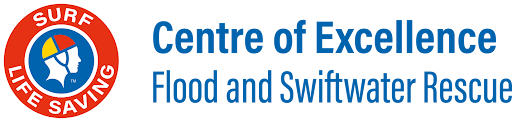 Center of Excellence Flood and Swiftwater Rescue logo with blue text and a red circular emblem featuring a swimmer icon.