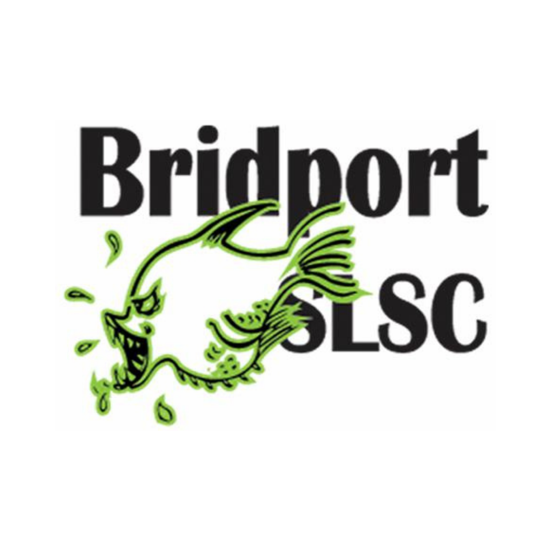 Logo for Bridport SLSC featuring a stylized, angry green fish with sharp teeth and fins, with the words "Bridport SLSC" in bold black text.