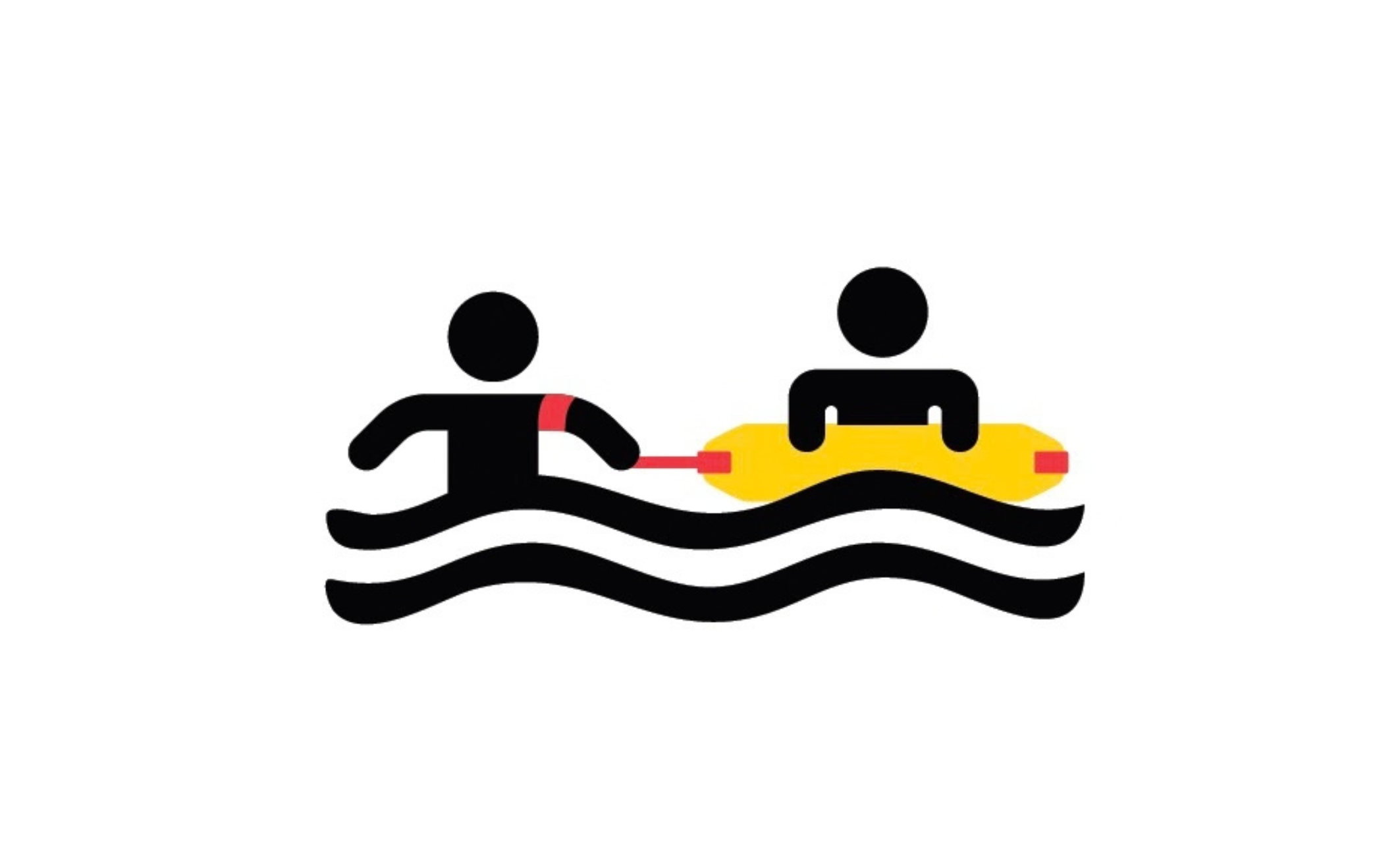 Simplified illustration of two figures on water, one holding a red paddle in a yellow and red watercraft