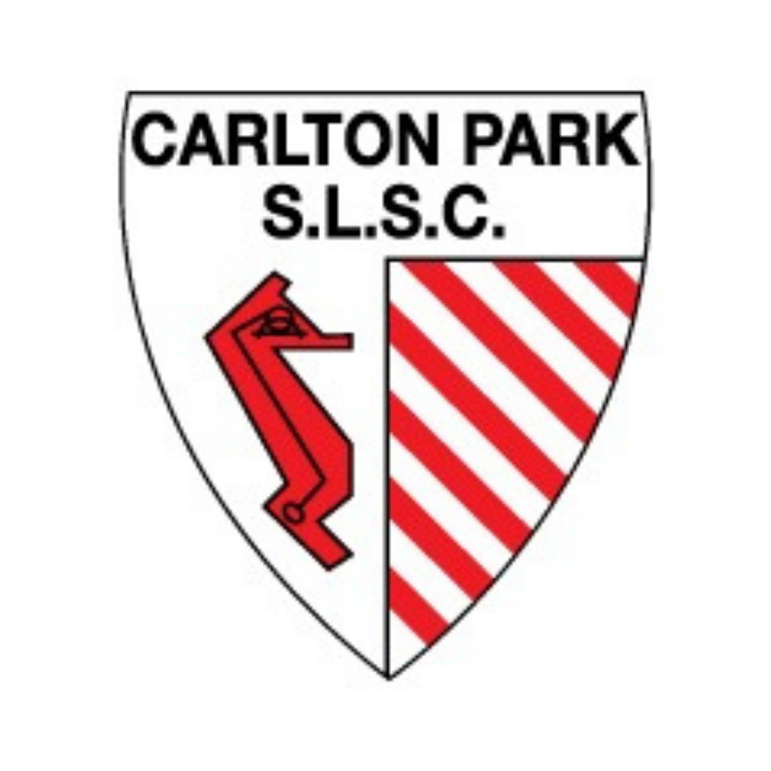 Shield emblem with text 'Carlton Park S.L.S.C.', a red zigzagging horse on the left and red-and-white diagonal stripes on the right.